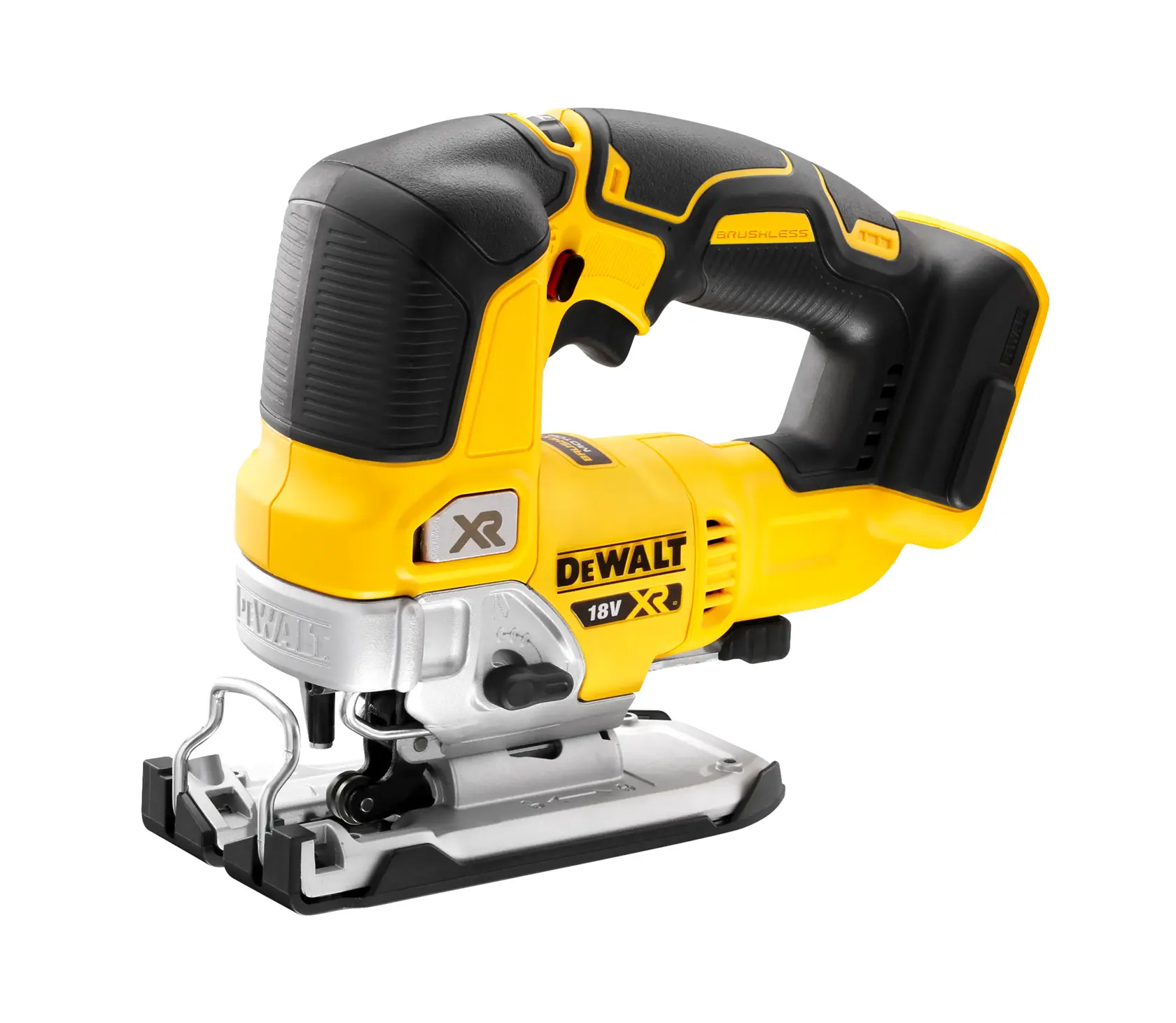 Scie sauteuse sans fil DEWALT DCS334N 18V jaune et noire sur fond blanc.