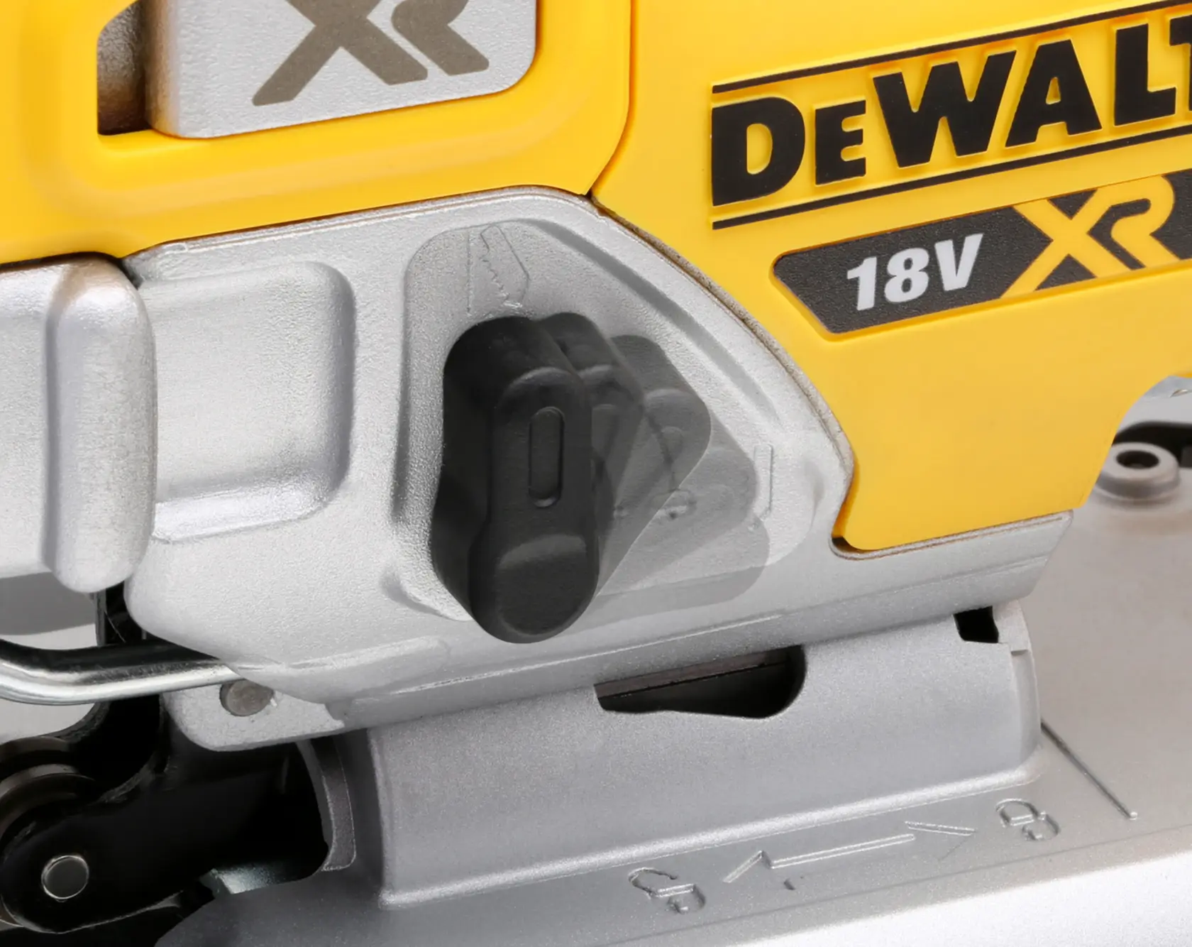 Close-up of a DEWALT 18V XR power tool showing the adjustment knob and part of the yellow and silver body.