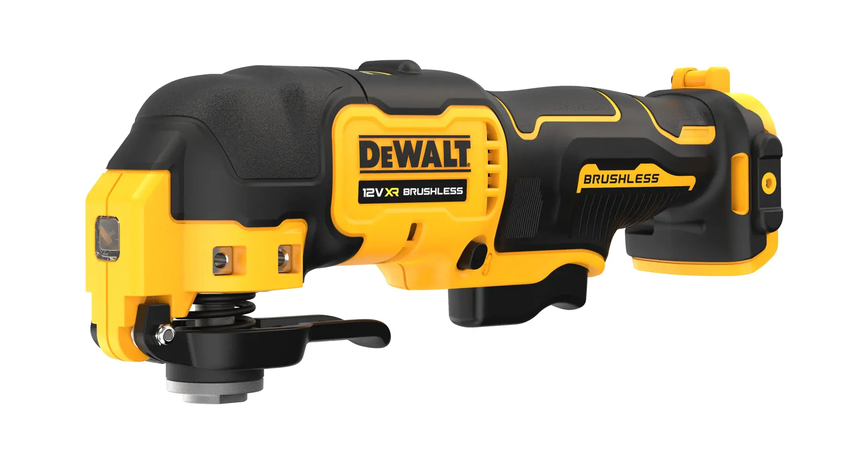 Outil multifonction DEWALT DCS353N 12V XR sans fil à moteur brushless, couleurs jaune et noir.