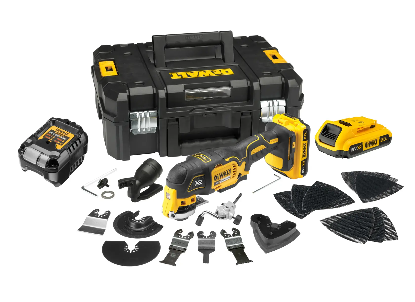 Un kit d’outil multifonctions oscillant DEWALT DCS355D2 est présenté, comprenant l’outil sans fil jaune et noir, une mallette rigide noire avec la marque DEWALT, un chargeur de batterie, une batterie de rechange, plusieurs pads de ponçage et divers accessoires et lames.