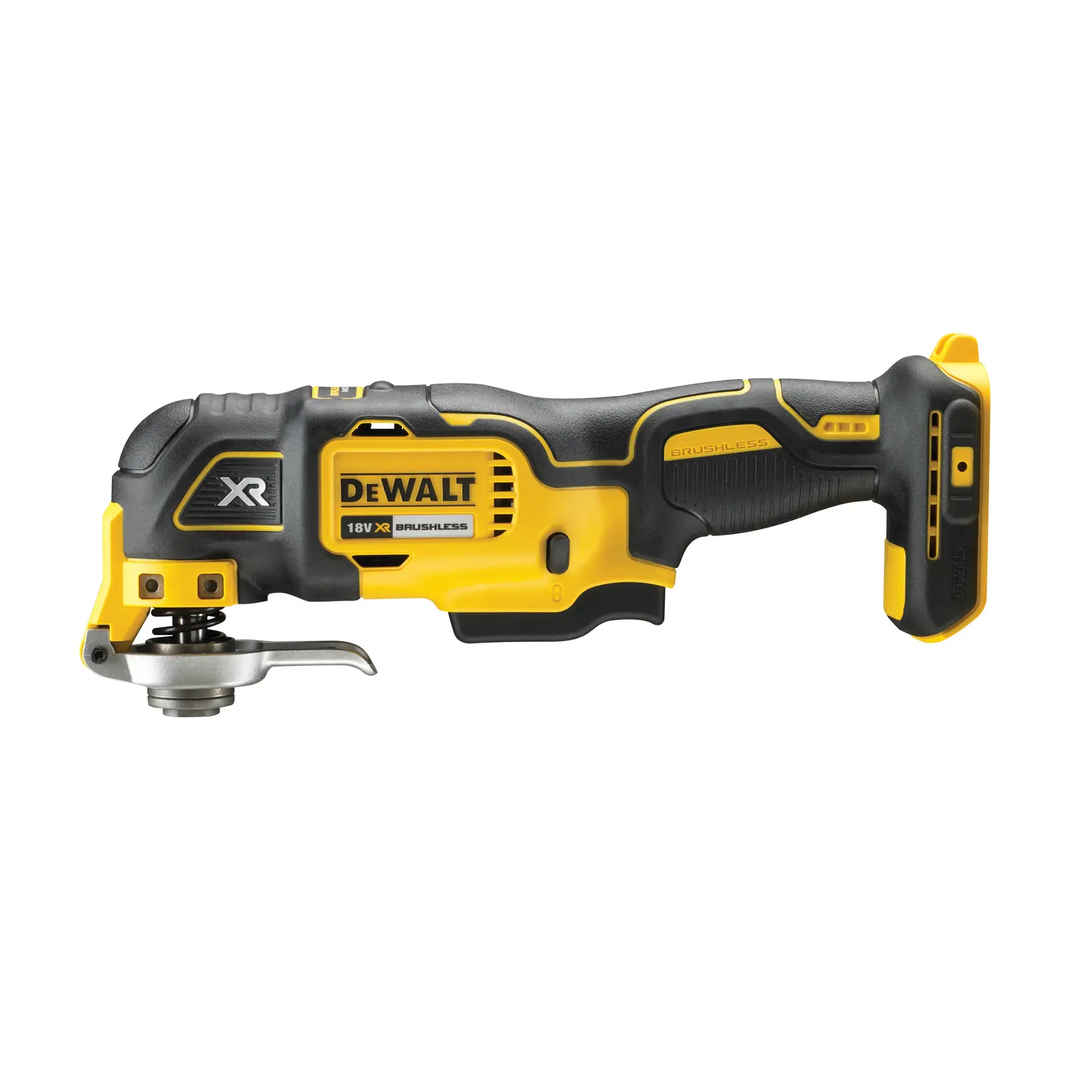 Outil multifonction oscillant DEWALT sans fil, jaune et noir, vue de côté, modèle brushless, sans batterie.