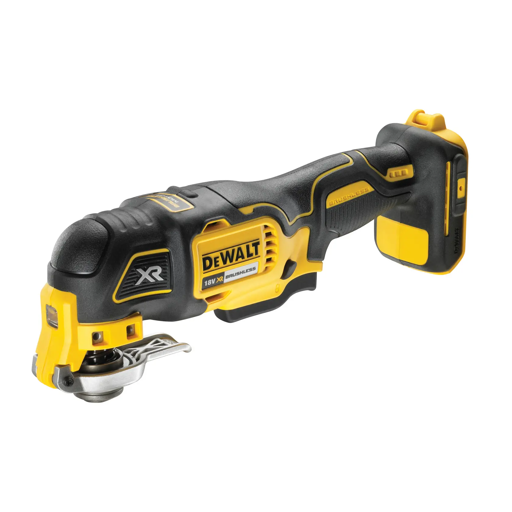 Outil multifonction oscillant sans fil DEWALT, jaune et noir, avec XR et moteur brushless.
