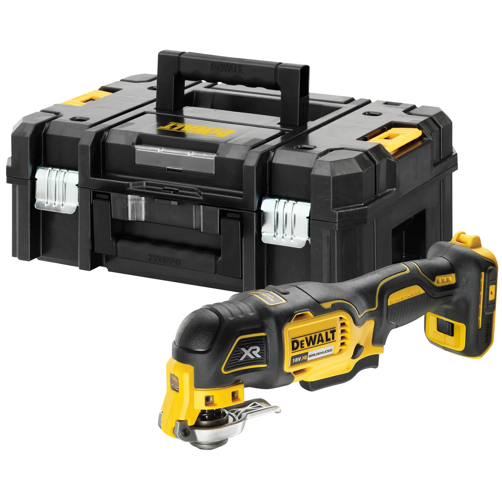 Un outil multifonction oscillant sans fil DEWALT au design noir et jaune est présenté devant une robuste mallette de transport DEWALT noire avec des loquets métalliques et une poignée. L'outil convient pour diverses tâches de coupe et de ponçage.