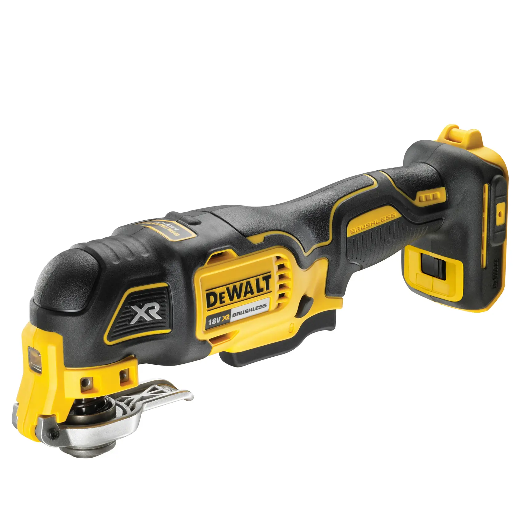 DEWALT 18V XR cordless brushless multi-tool in black and yellow, shown without battery attached.