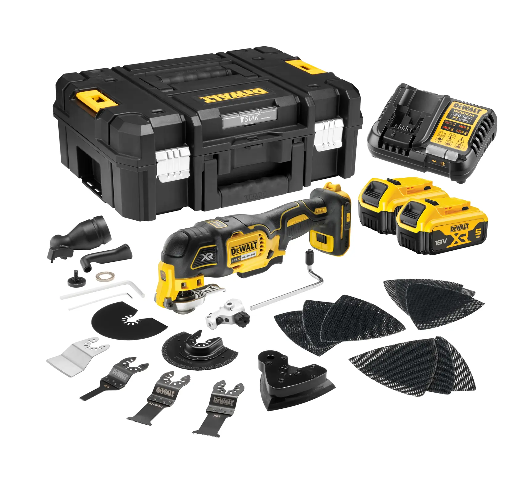 Kit multi-outils sans fil DEWALT avec coffre, chargeur, batteries, accessoires et patins abrasifs.