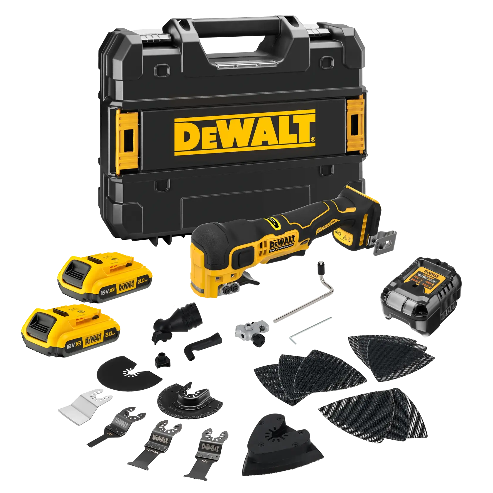 Kit multifonction sans fil DEWALT avec coffret, batteries, chargeur, lames, patins abrasifs et accessoires.