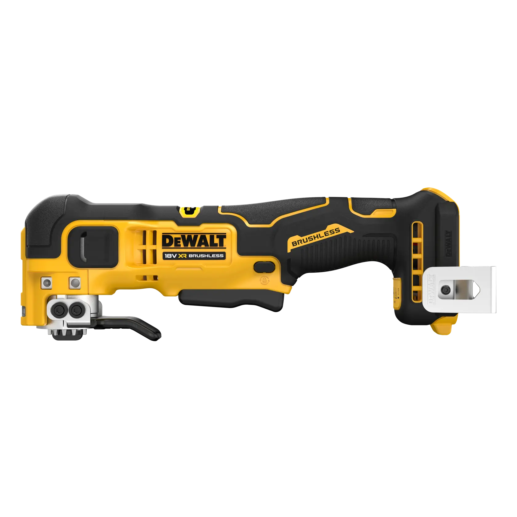 Outil multifonctions oscillant DEWALT 18V XR brushless, corps jaune et noir, vue latérale.