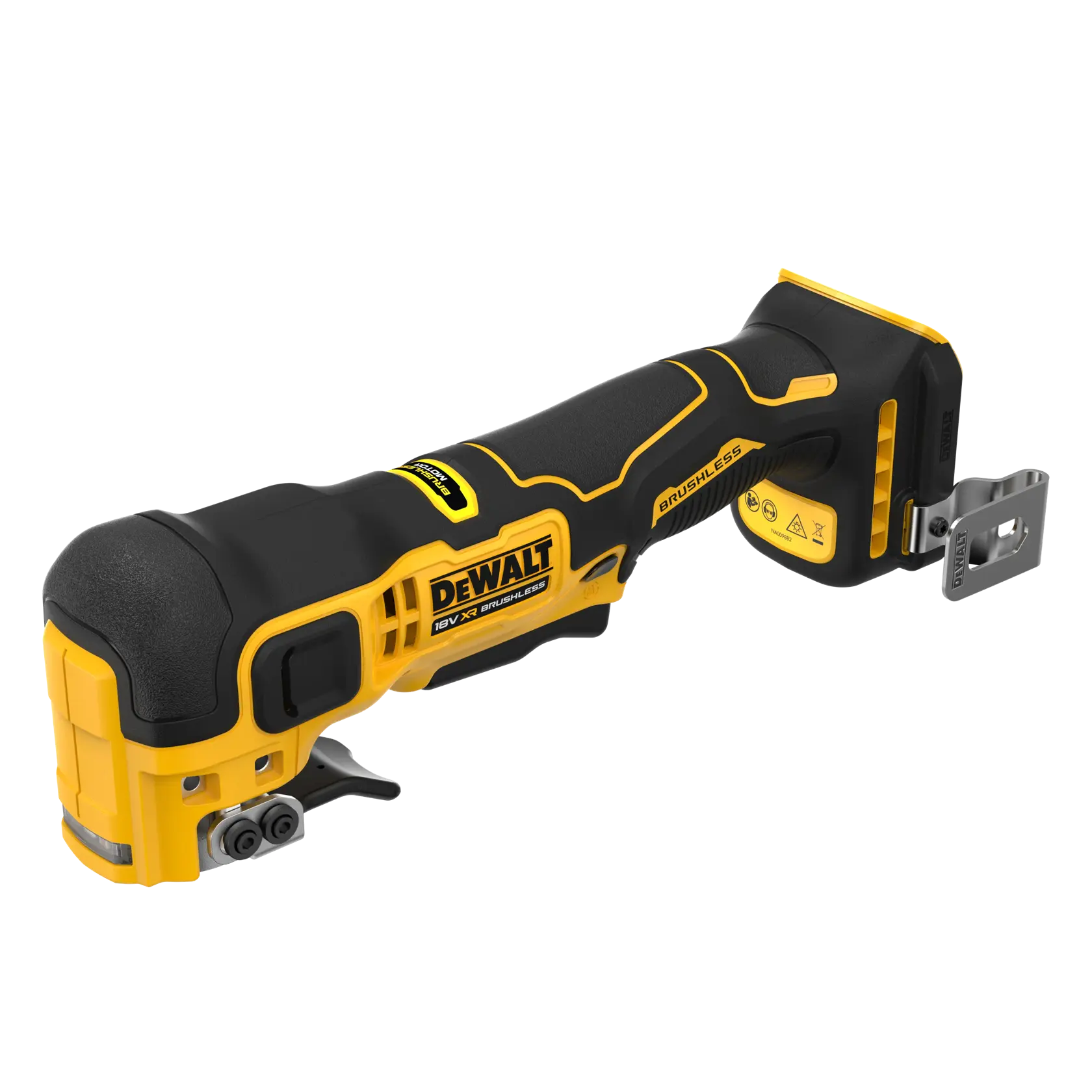 Outil oscillant DEWALT sans fil, corps jaune et noir, brushless, 18V, configuration outil seul.