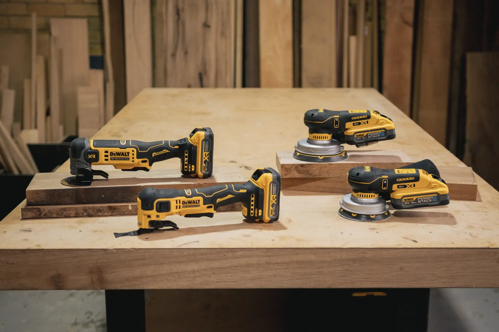Quatre outils sans fil DEWALT sur une table en bois dans un atelier, dont ponceuses et outils multifonctions.