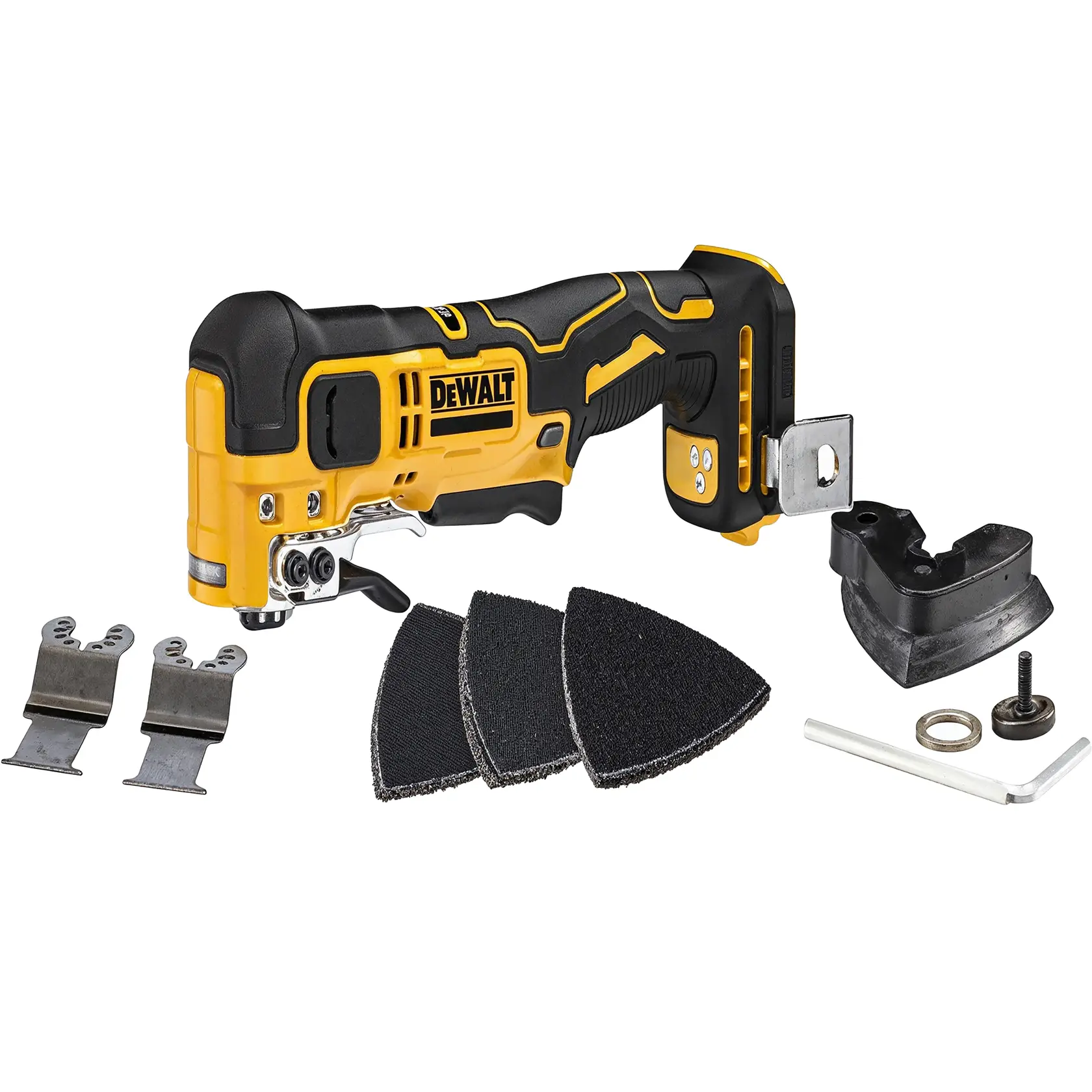 DEWALT kabelloses Multitool mit Schleifpads, Klingen, Schlüssel und Zubehör auf weißem Hintergrund.