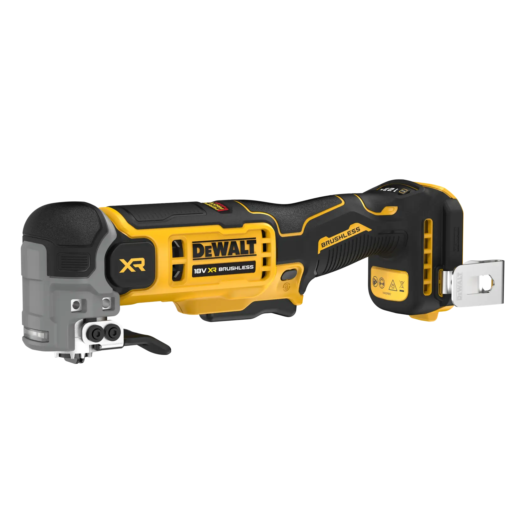 Outil multi-fonctions DEWALT 18V XR sans fil, noir et jaune, présenté sur fond blanc.