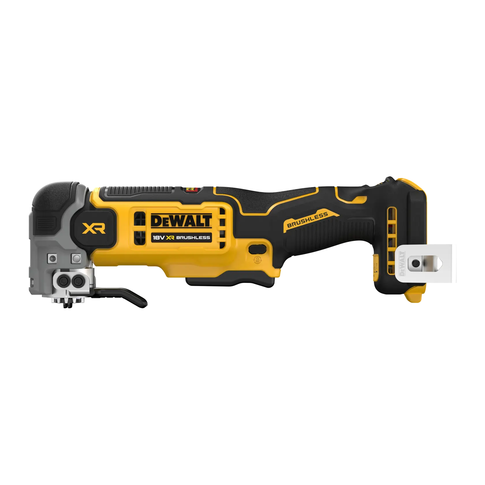 Outil électrique sans fil DEWALT 18V XR Brushless jaune et noir, vu de côté avec accessoire.