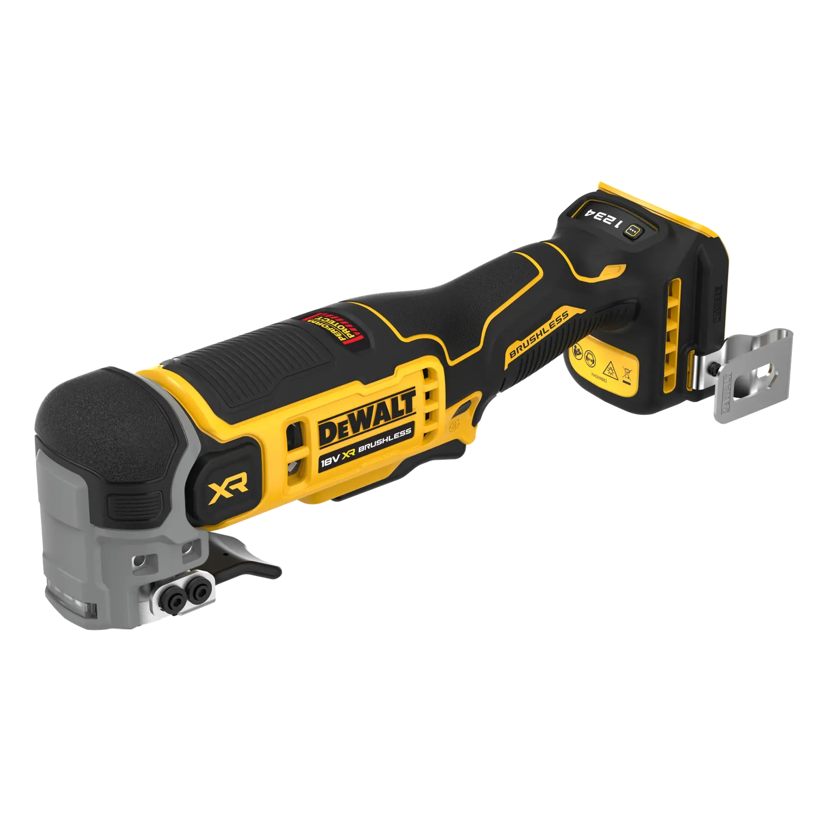 Outil multifonction oscillant DEWALT 18V XR brushless avec poignée ergonomique et design jaune-noir sur fond blanc.