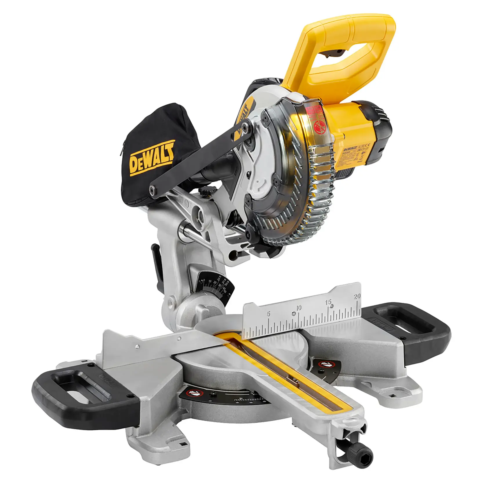 Scie à onglet à tête inclinable DEWALT avec poignée jaune, sac à poussière et base de coupe réglable avec des graduations de mesure.