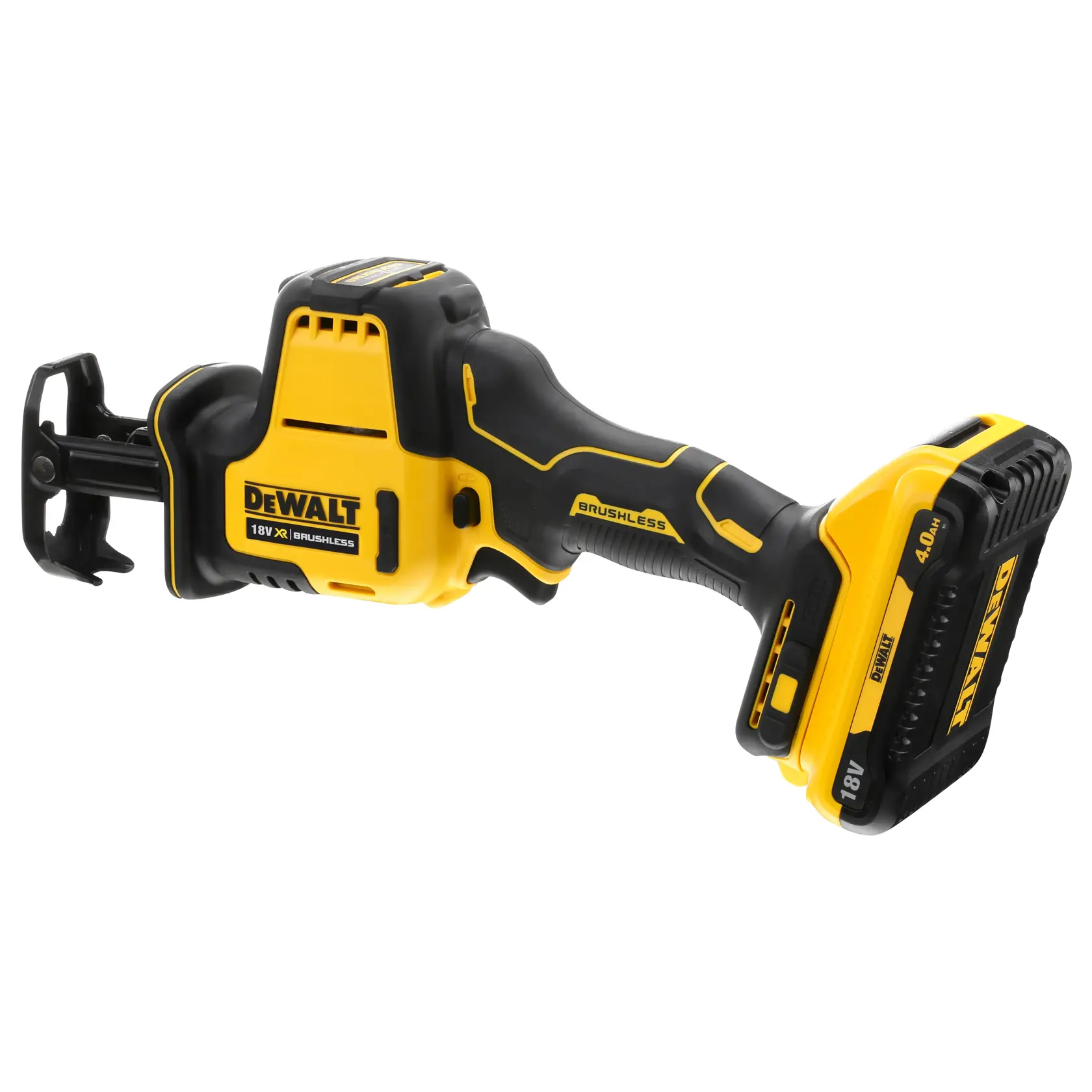 Scie sabre sans fil DEWALT 18V XR à moteur brushless, design jaune et noir, vue latérale.