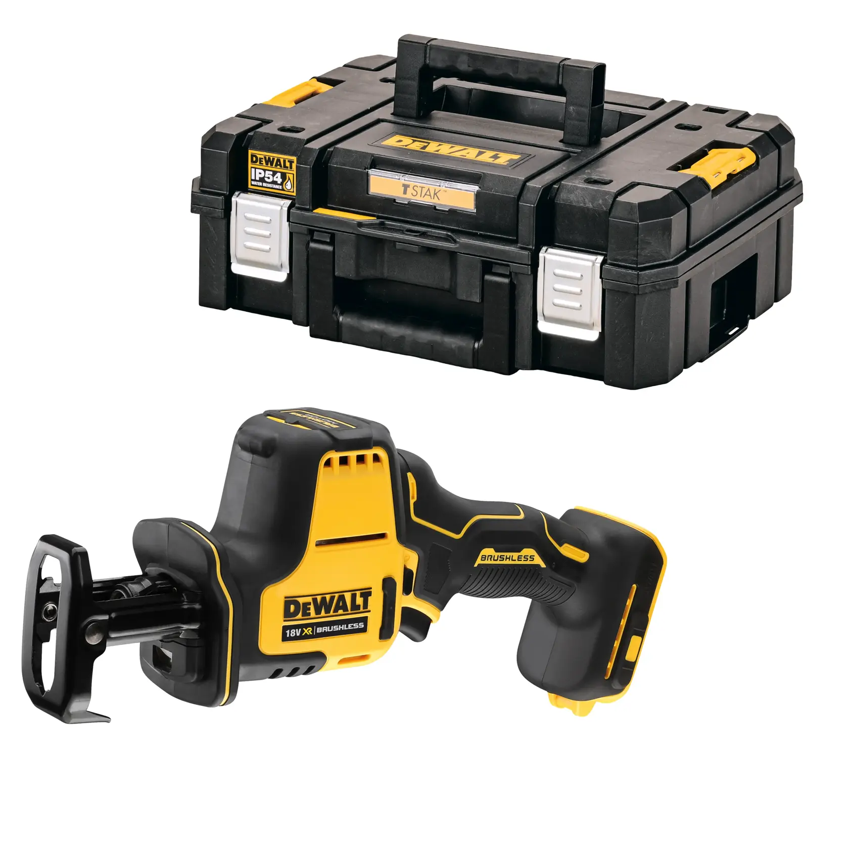 Une scie sabre DEWALT 18V XR Brushless est présentée à côté d’une mallette de rangement noire et jaune DEWALT TSTAK. Les deux outils sont placés sur un fond blanc.