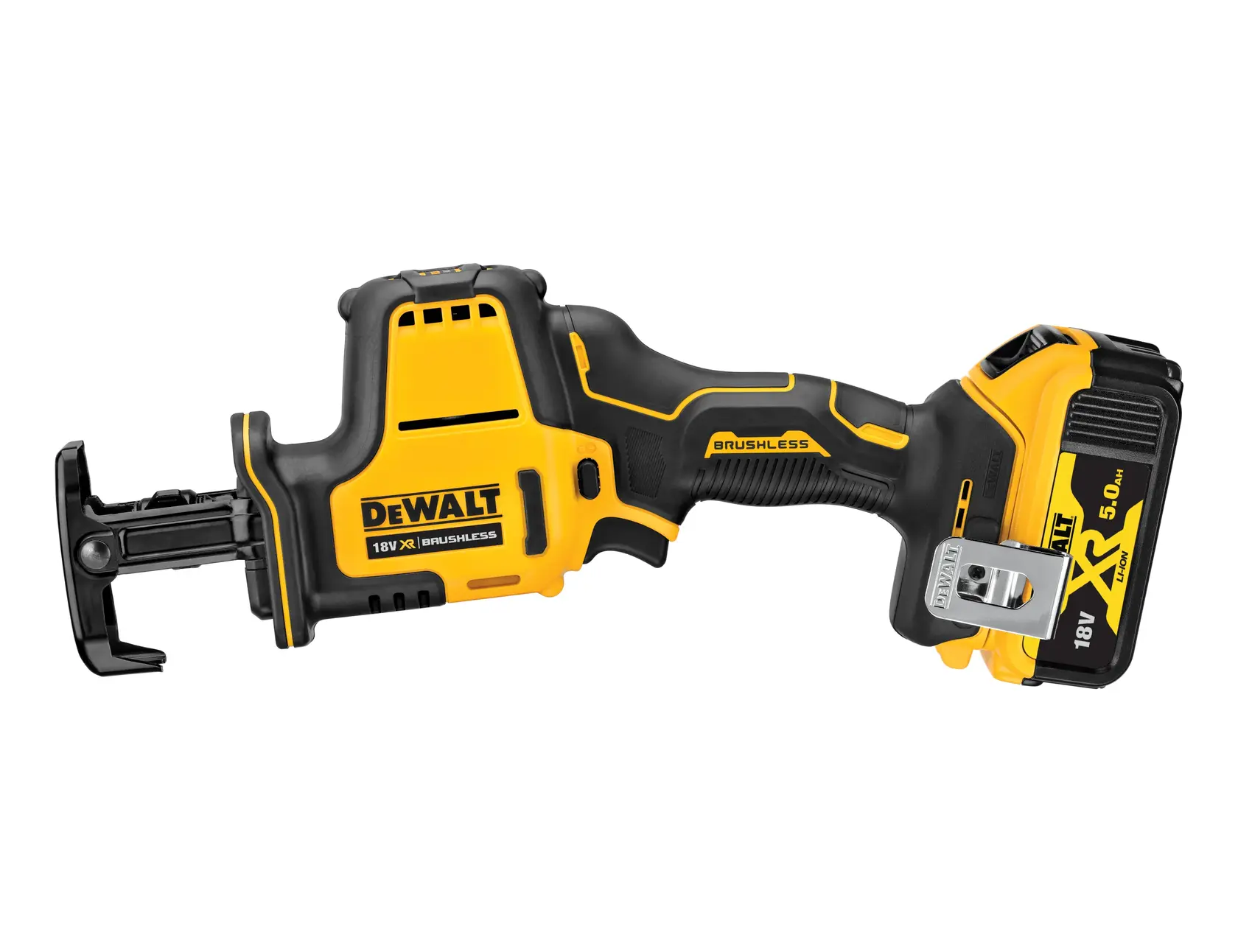 Photo de la scie sabre sans fil DEWALT DCS369P2 18V, jaune et noire, côté droit, moteur brushless.