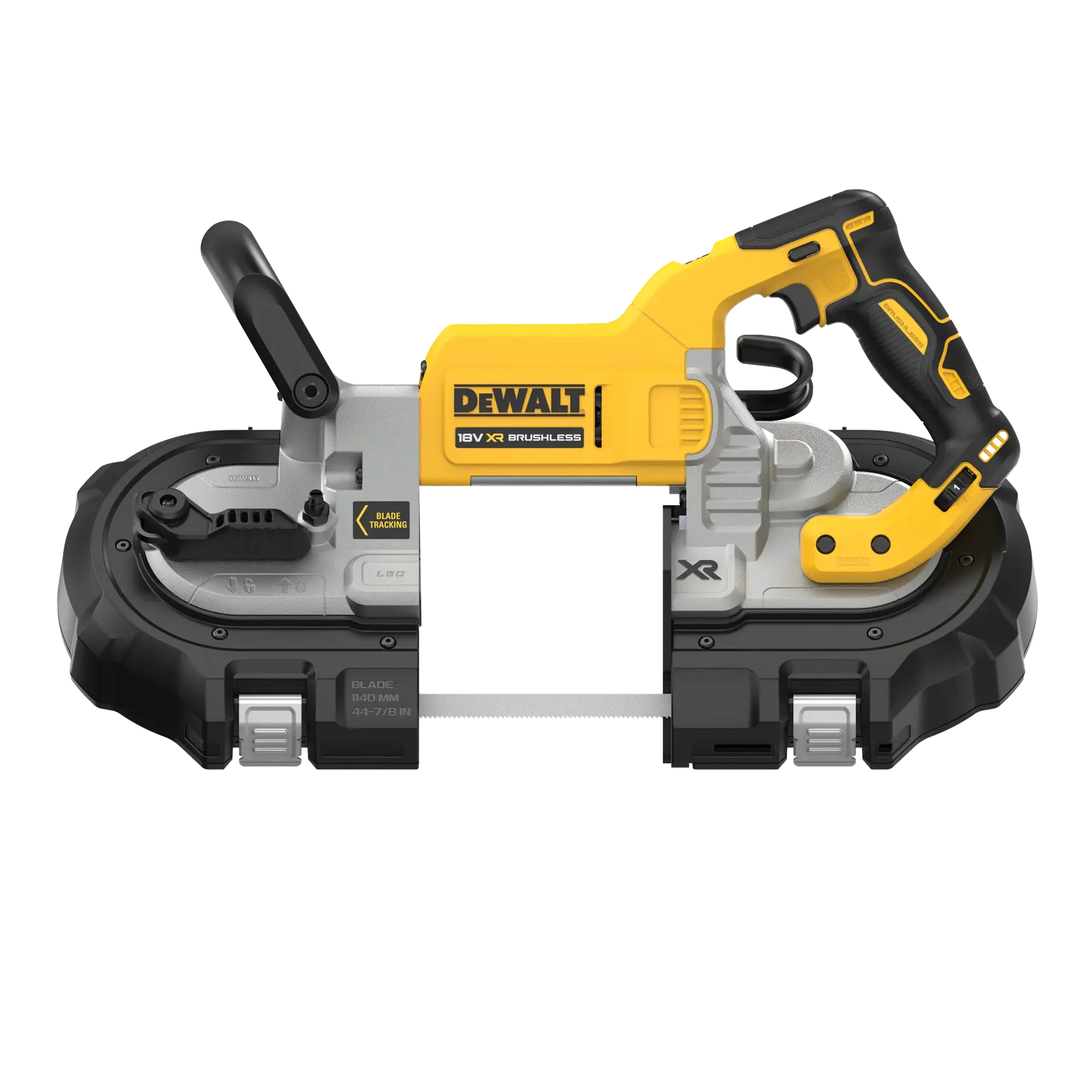 Scie à ruban DEWALT, photographie, modèles DCS374N et DCS374N-XJ, outil sans fil jaune et noir.
