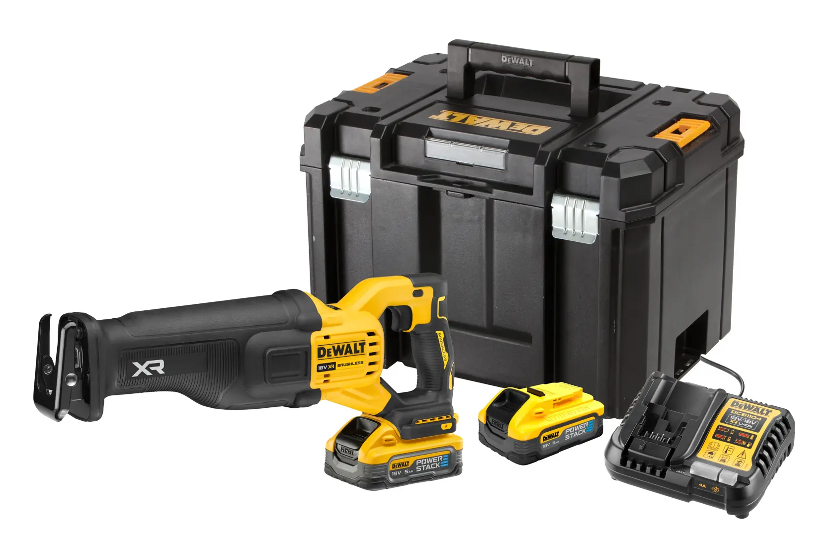 Kit de scie sabre sans fil DEWALT, comprenant une scie jaune et noire, deux batteries, un chargeur et une mallette de transport robuste.