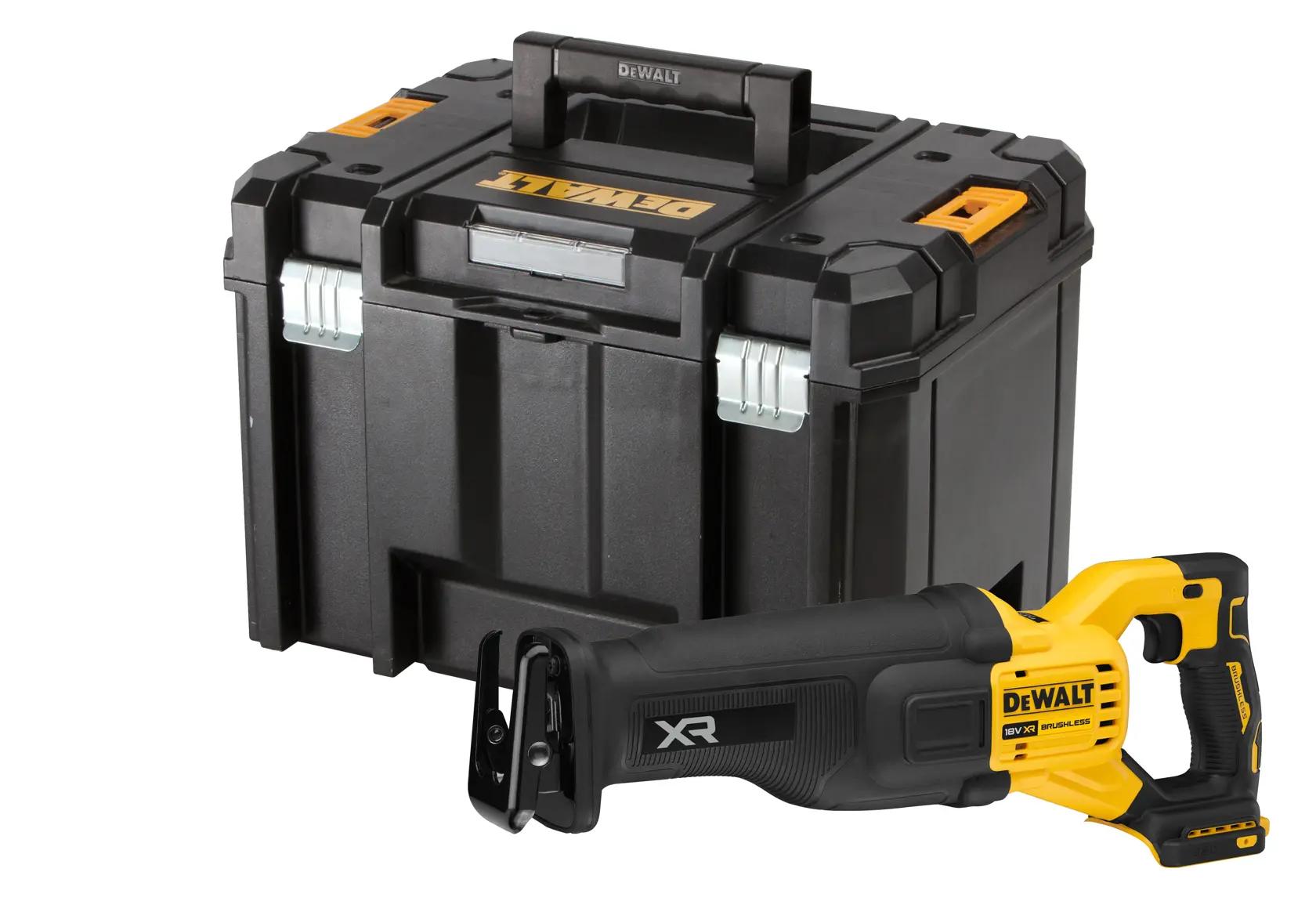 Scie sabre DEWALT avec coffret de rangement noir, présentés sur fond blanc.
