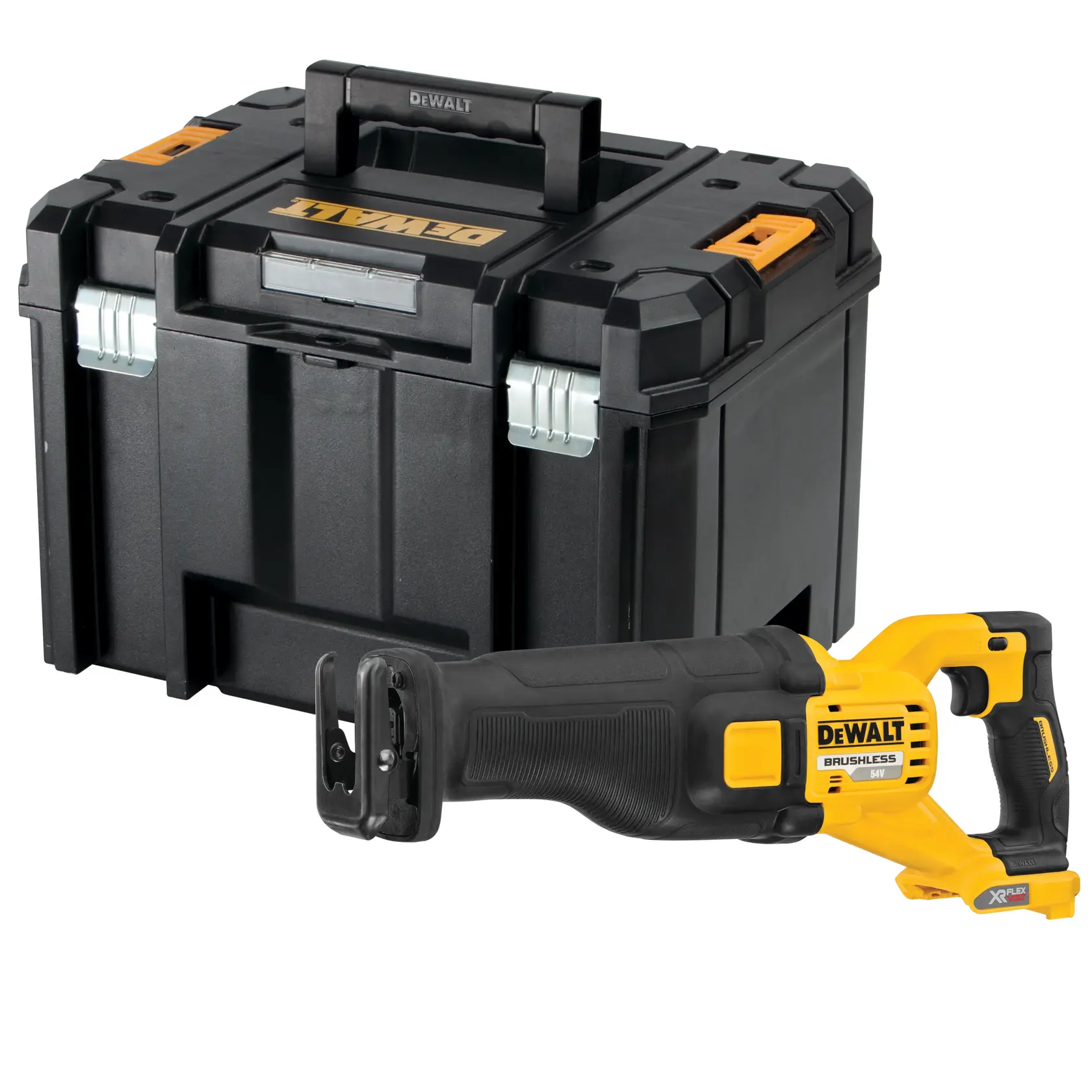 Une scie sabre sans fil DEWALT avec une poignée noire et jaune, placée devant une boîte de rangement d'outils DEWALT robuste noire avec des loquets argentés et des accents orange.