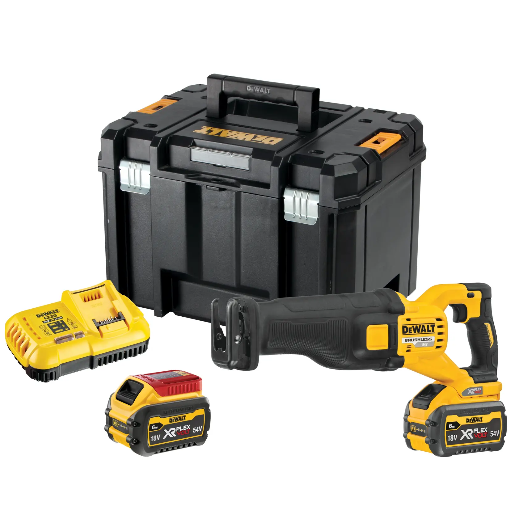 Ensemble de scie sabre sans fil DEWALT, comprenant une scie sabre jaune et noire, deux batteries XR FLEXVOLT, un chargeur de batterie et une mallette de transport en plastique noir robuste.