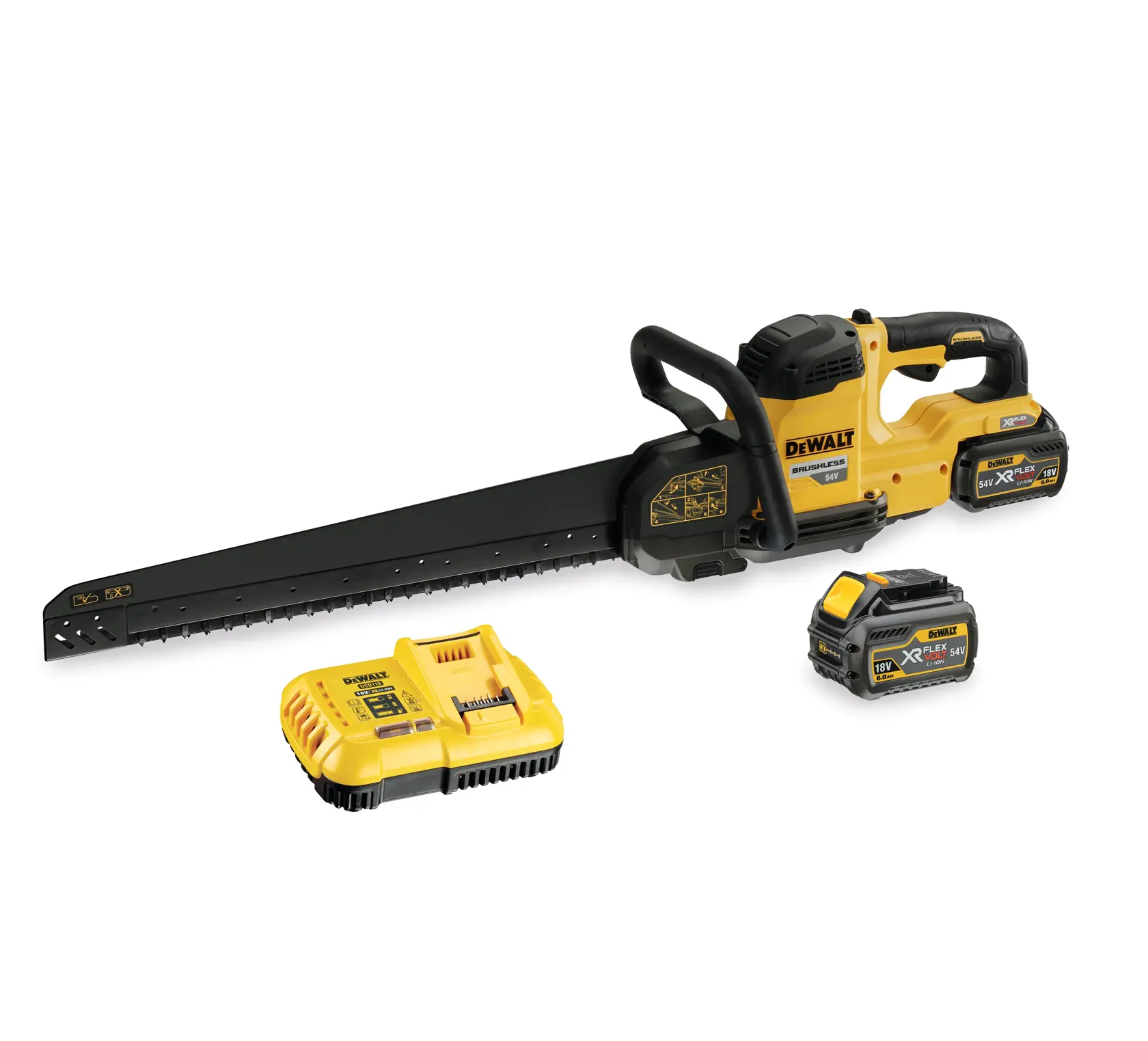 Scie DEWALT sur batterie, avec chargeur et deux batteries XR FLEXVOLT sur fond blanc.