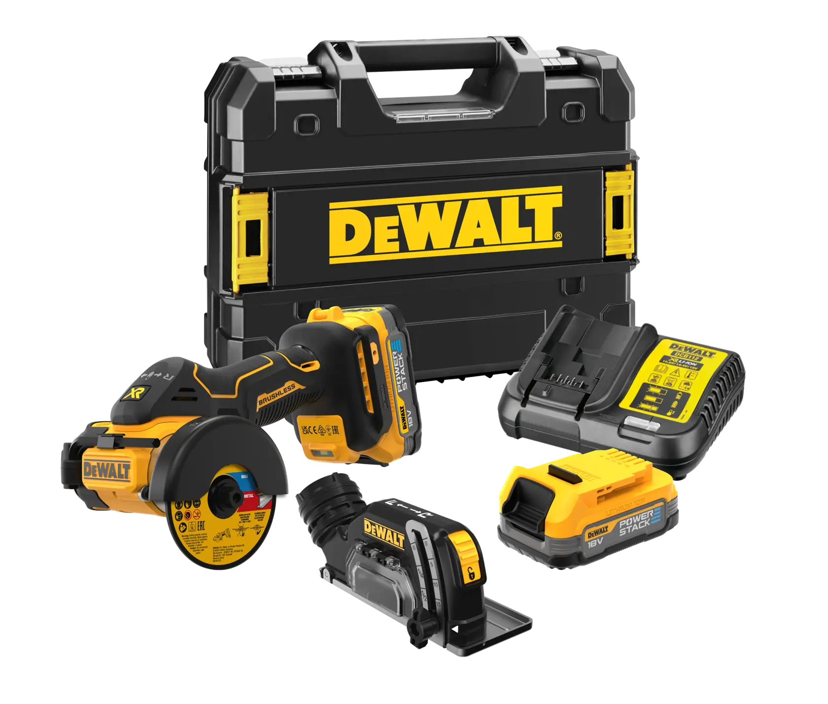 Ensemble d'outils électriques DEWALT comprenant une meuleuse d'angle, une batterie compacte, un chargeur, un accessoire et une mallette de transport noire avec le logo jaune DEWALT, présenté sur un fond blanc.