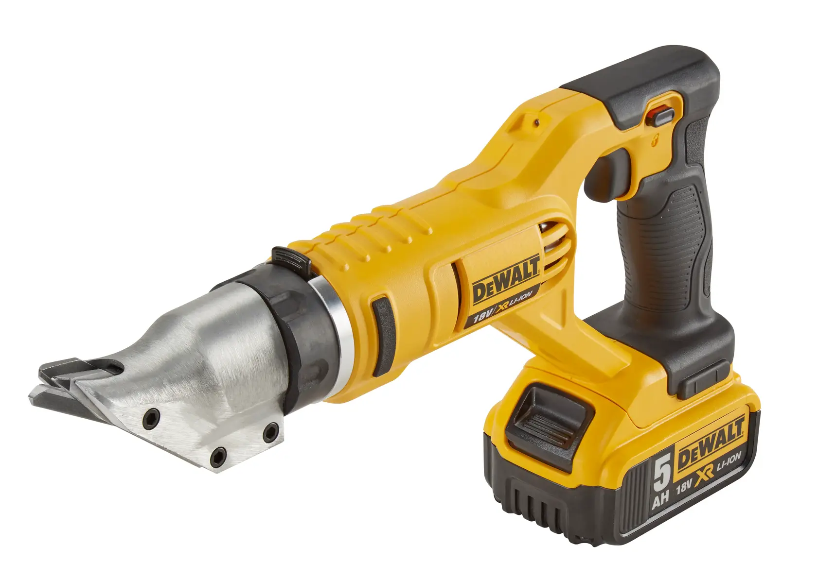 Photo cisaille métal sans fil DEWALT jaune et noire, DCS491NT-XJ, DCS491NT, vue latérale sur fond blanc.