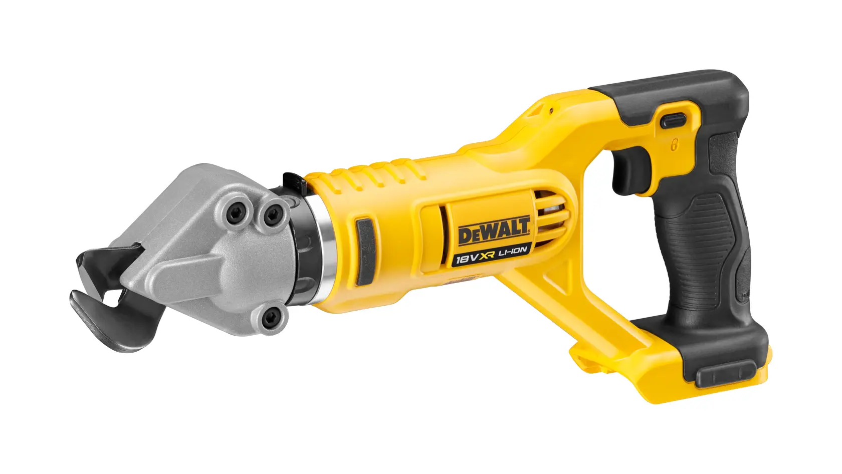Cisaille à métal DEWALT sans fil avec poignée ergonomique et corps jaune sur fond blanc.