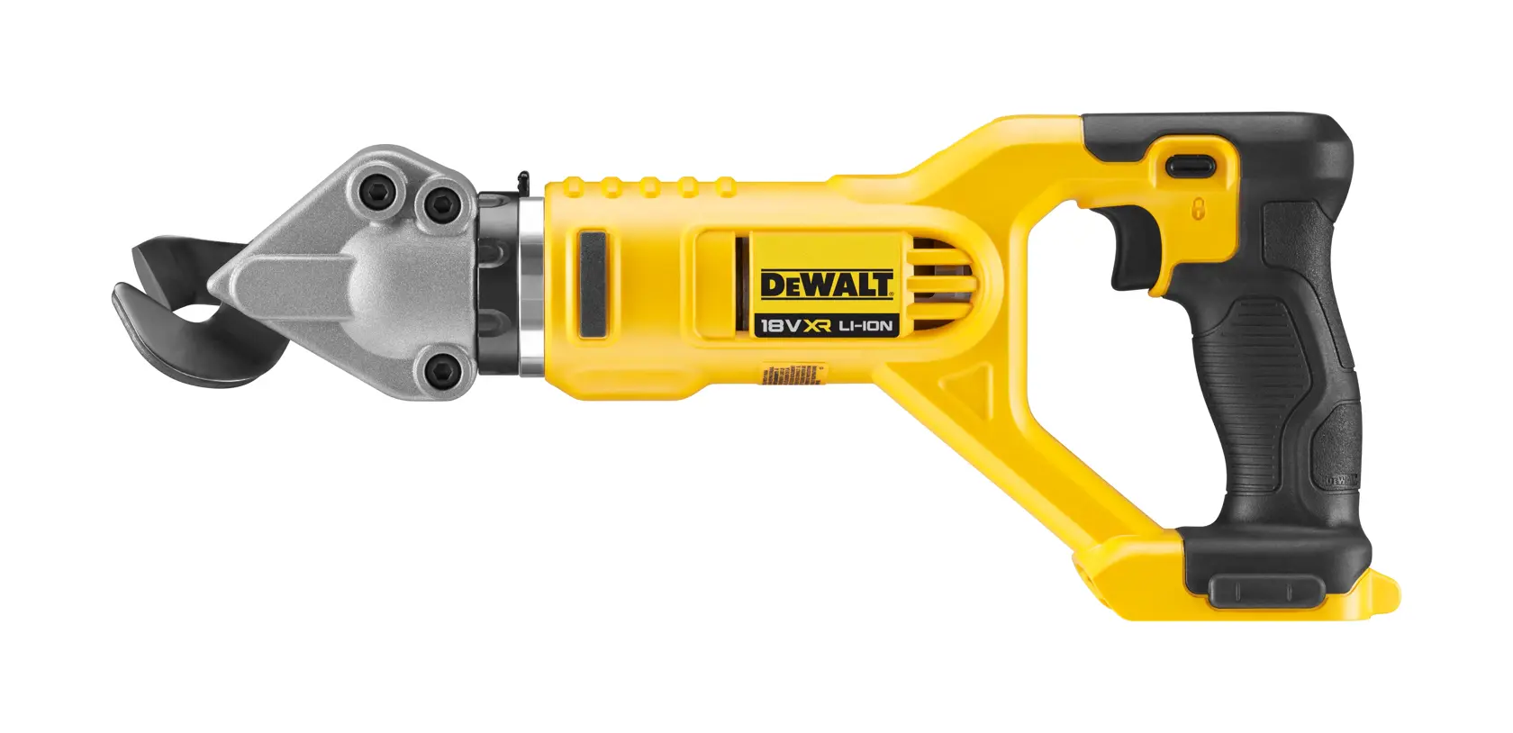 Cisaille sans fil DEWALT, jaune et noire, vue latérale sur fond blanc.