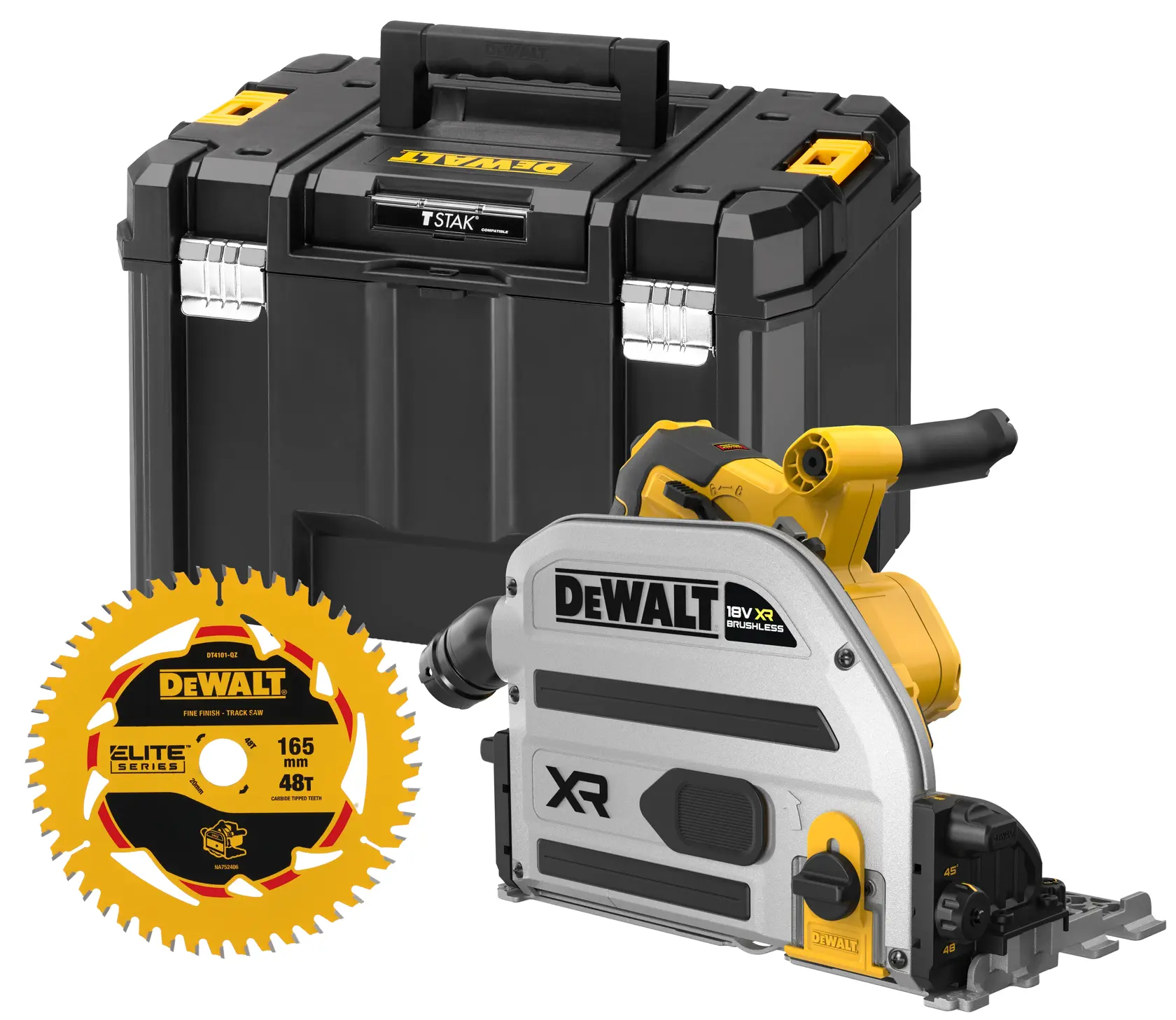 DEWALT Sägeset mit Koffer, beinhaltet eine kabellose Tauchsäge und ein Kreissägeblatt zum Sägen.