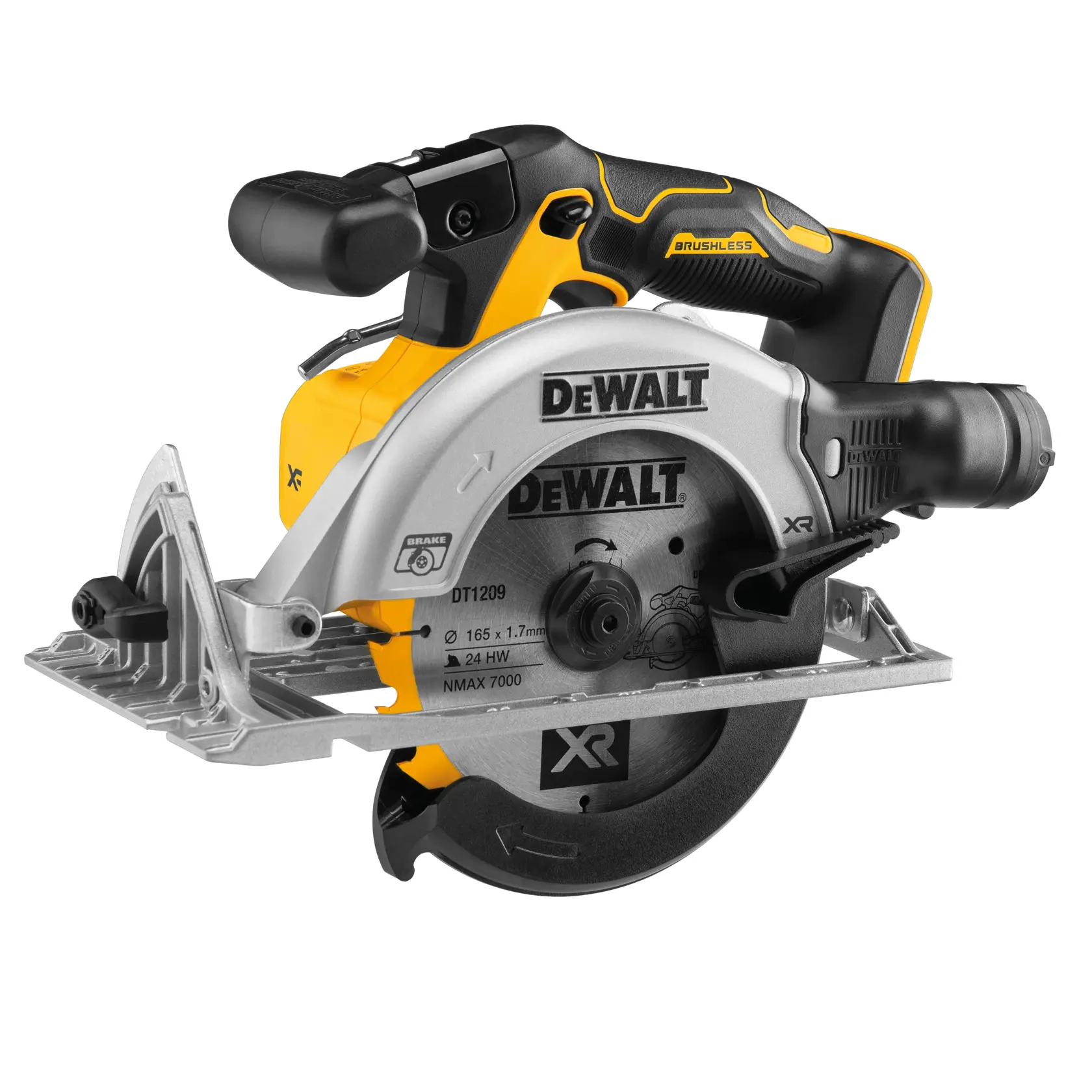 Scie sans fil DEWALT en photo produit, SKUs DCS565NT-XJ, DCS565NT. Outil jaune-noir montré.