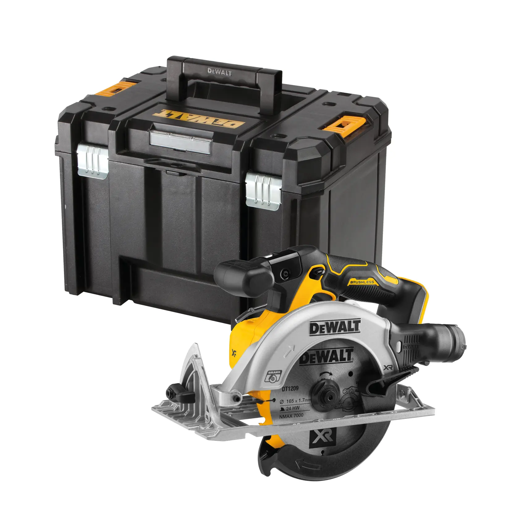 Une scie circulaire sans fil DEWALT avec moteur sans balais, conçue en jaune et noir. La lame de scie est partiellement couverte par un protège-lame et le logo DEWALT est bien visible sur le corps.