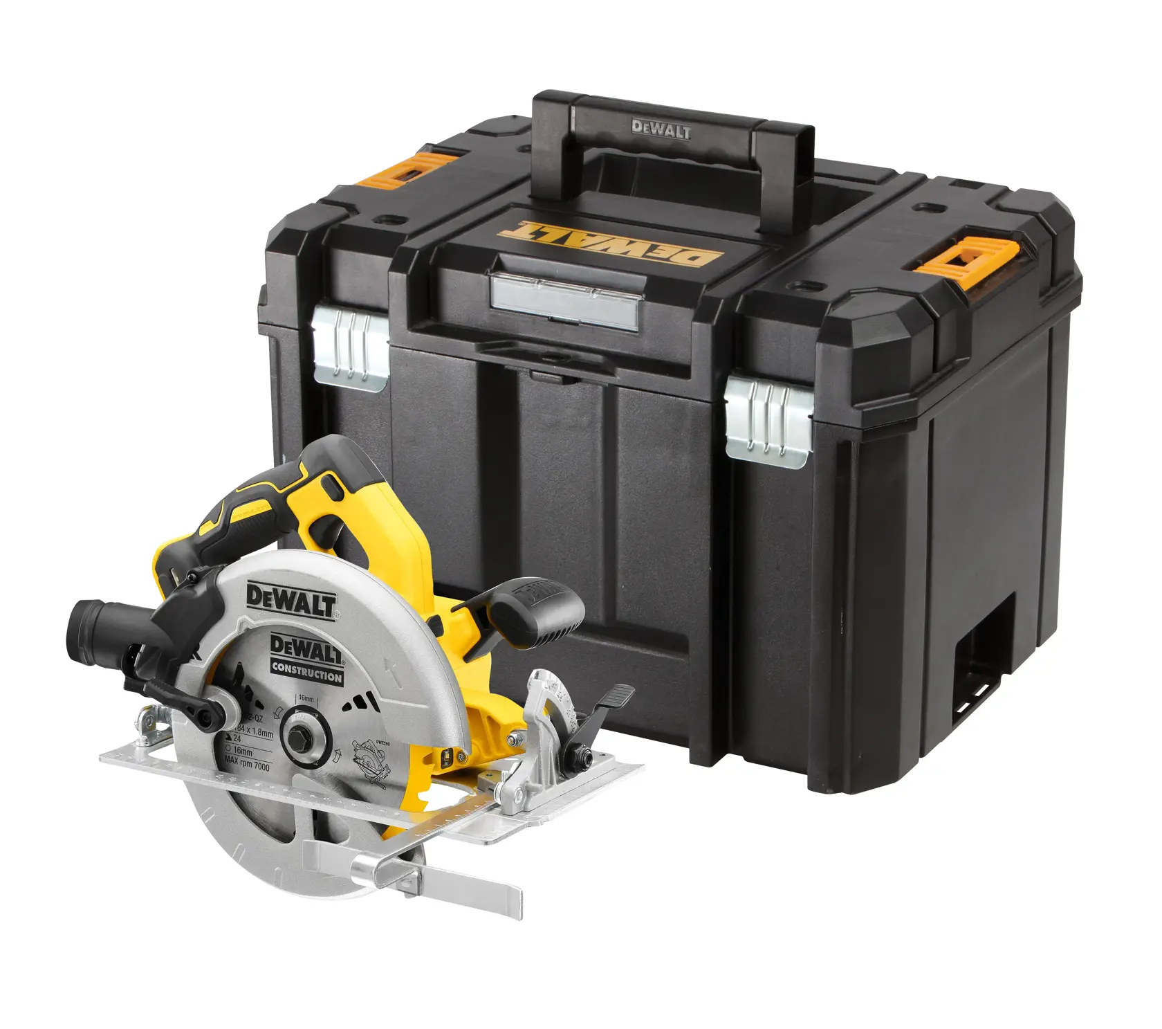 Scie circulaire sans fil DEWALT avec mallette de transport, présentée en noir et jaune.
