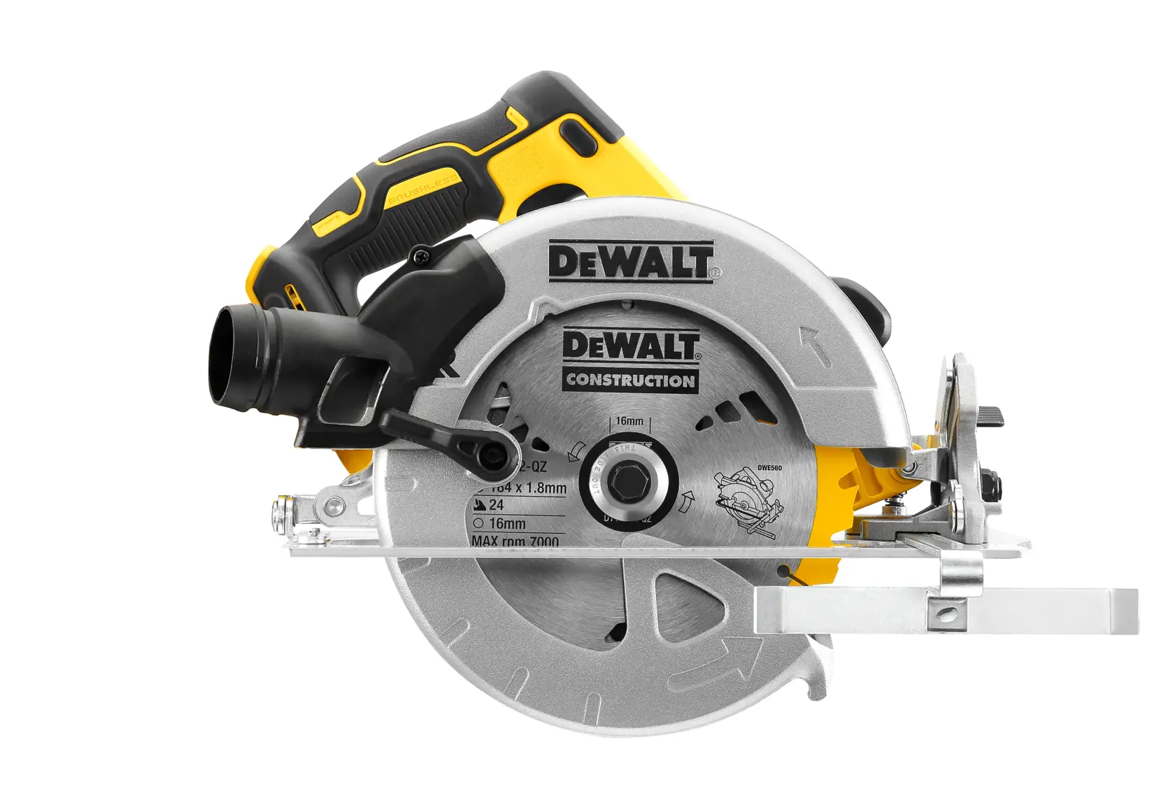 Une scie circulaire sans fil de marque DEWALT avec une poignée jaune et noire, conçue pour les travaux de construction et de menuiserie.