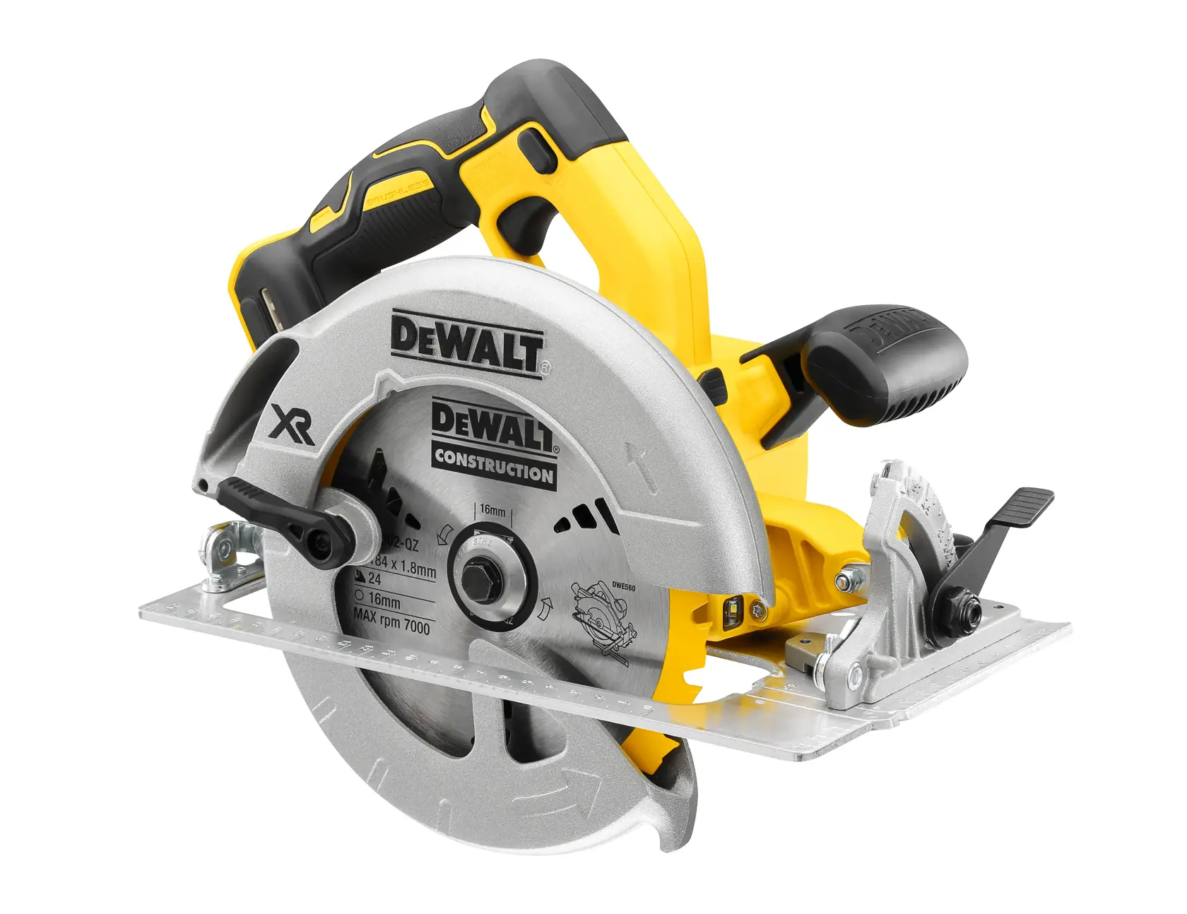 Scie circulaire DEWALT DCS570N sans fil, jaune et noire, lame et poignée ergonomique visibles.
