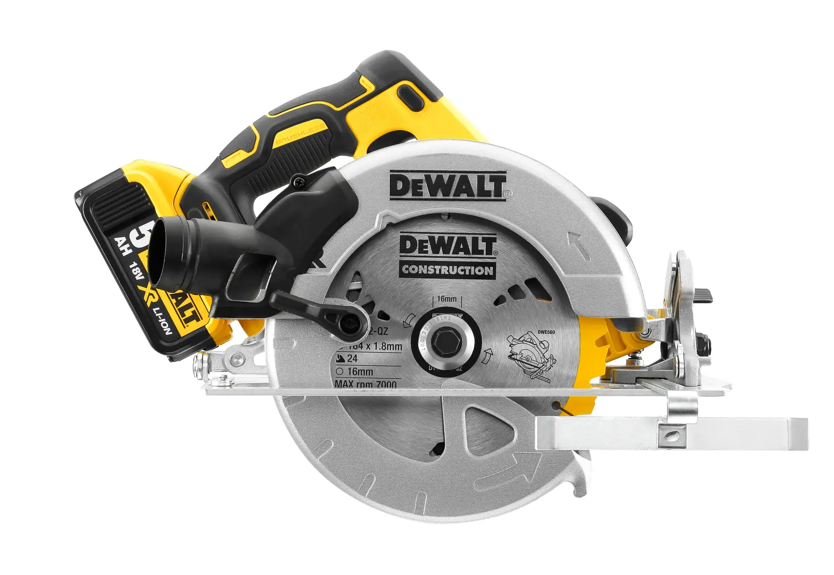 Scie circulaire sans fil DEWALT avec batterie lithium, lame argentée, poignée noir-jaune, vue latérale.