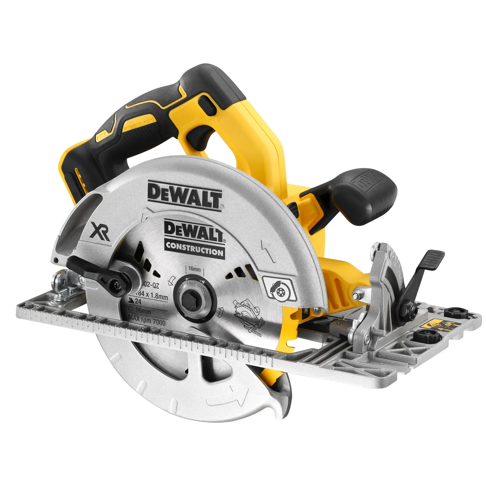Scie circulaire sans fil DEWALT DCS572NT avec poignée jaune et noire, lame argentée et base réglable.