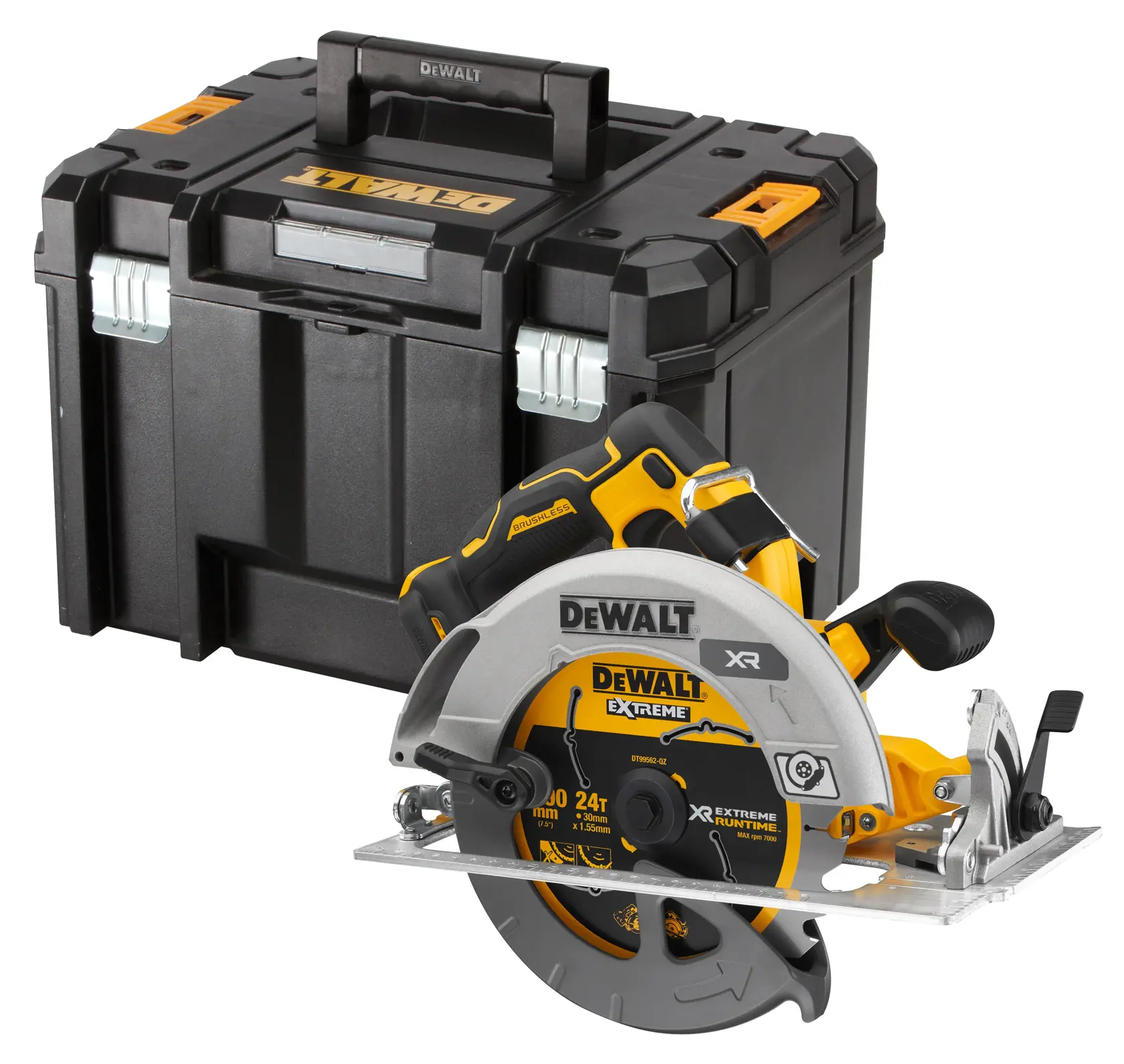 Scie circulaire DEWALT avec boîte de rangement noire et jaune, idéale pour construction et menuiserie.