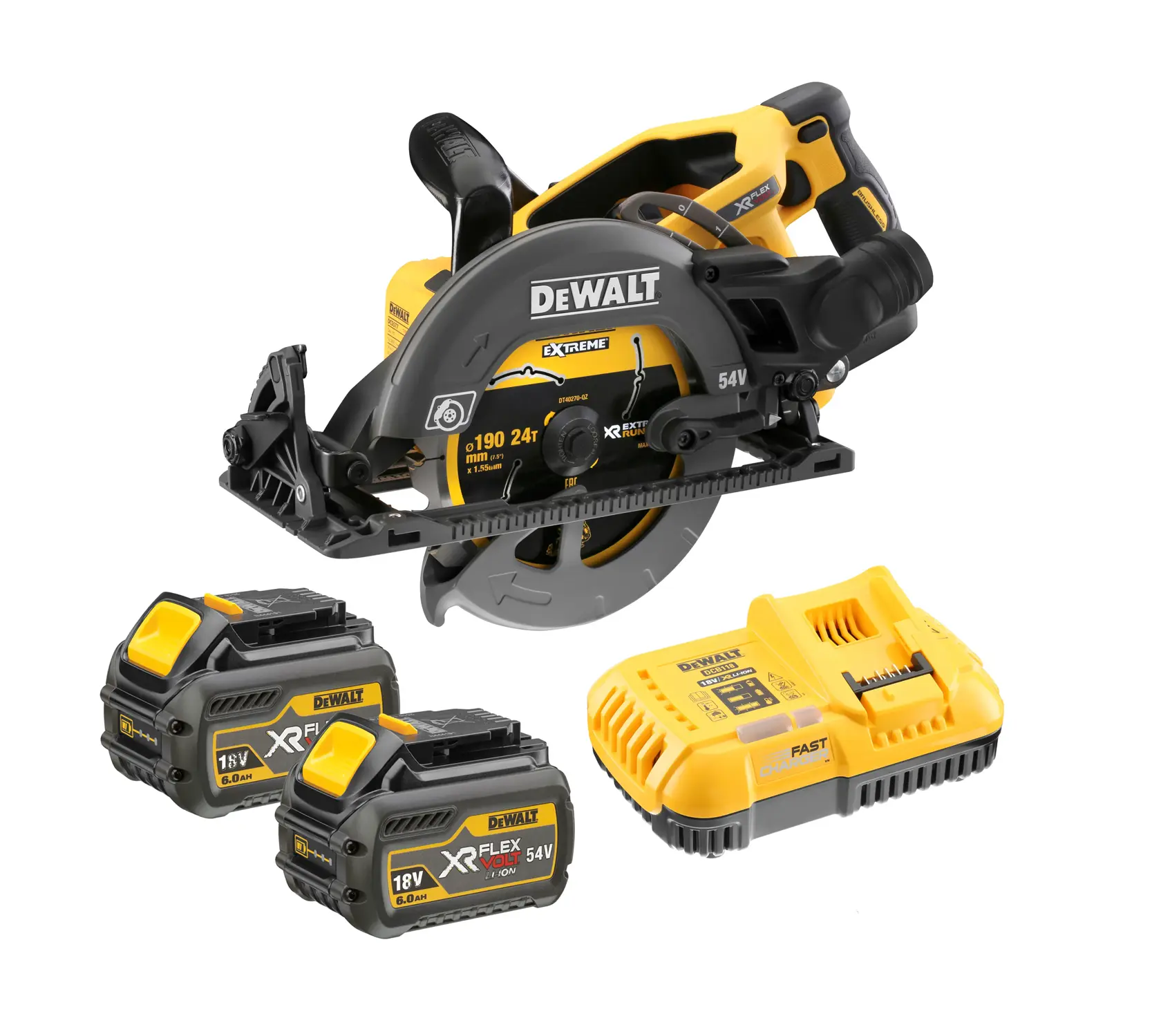 Kit scie circulaire DEWALT avec deux batteries et un chargeur jaune, présentés sur fond blanc.