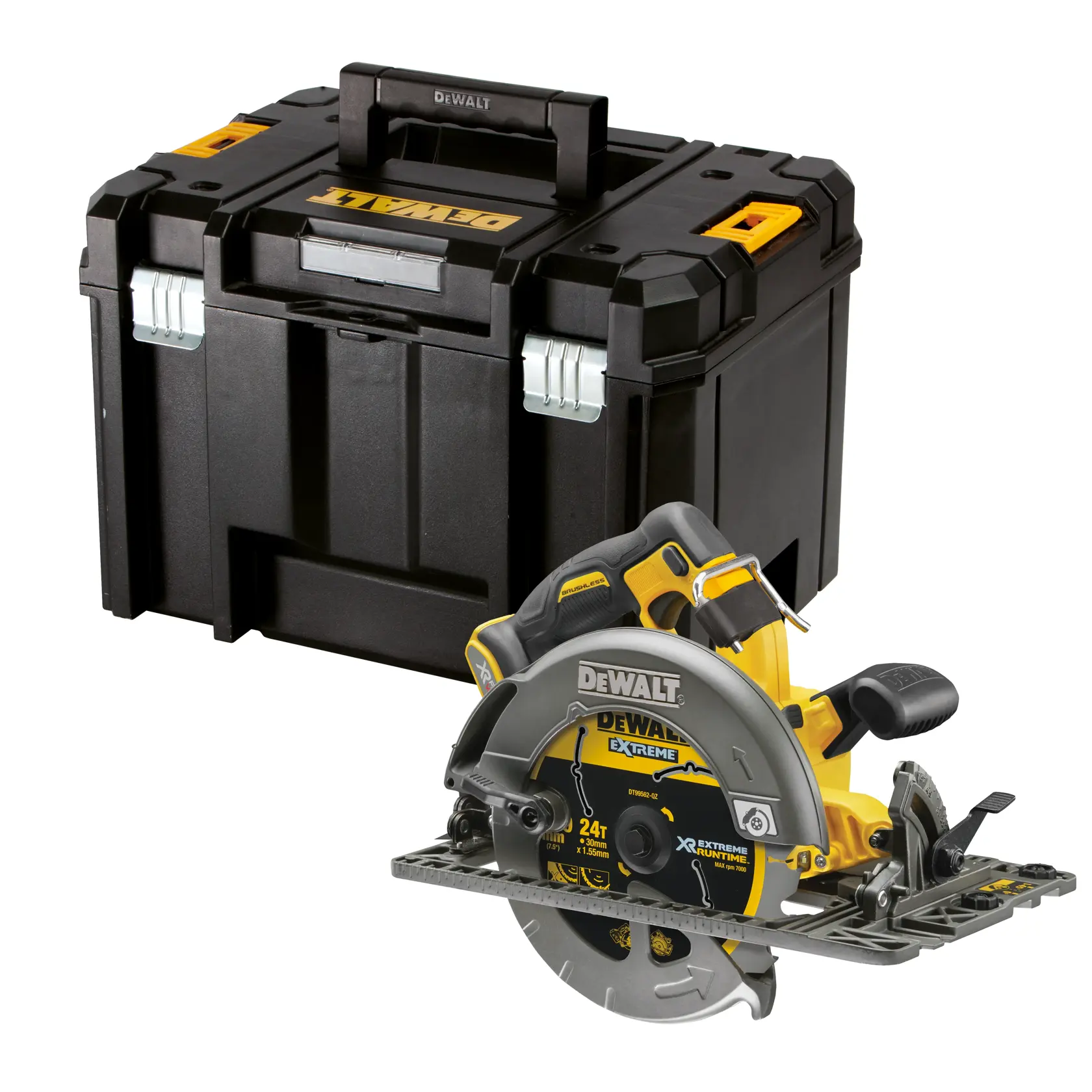 Scie circulaire DEWALT avec une boîte de transport noire et jaune sur fond blanc.