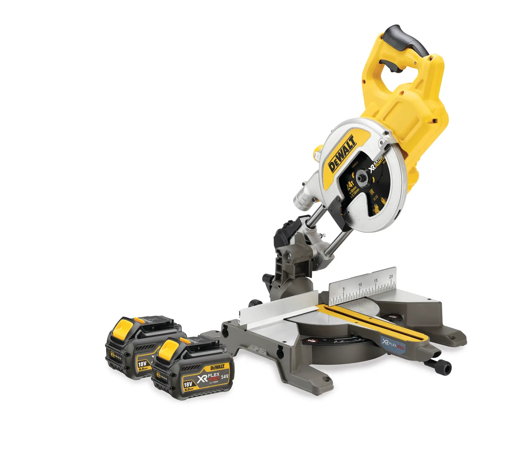 Scie à onglets sans fil DEWALT avec un design jaune et argent, accompagnée de deux batteries lithium-ion XR FLEXVOLT 18V posées à côté.