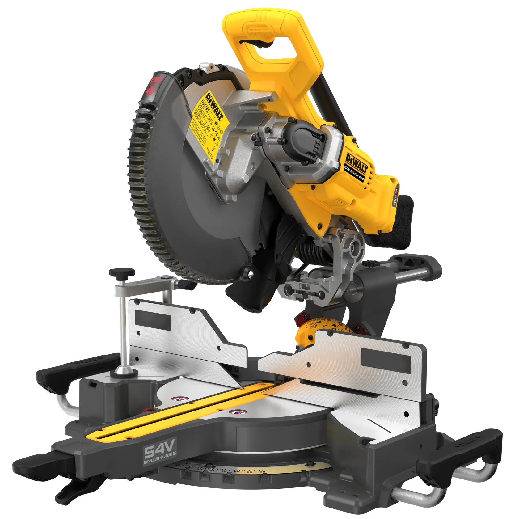 Scie à onglet sans fil DEWALT 54V avec poignée jaune et base réglable, conçue pour des coupes précises du bois.