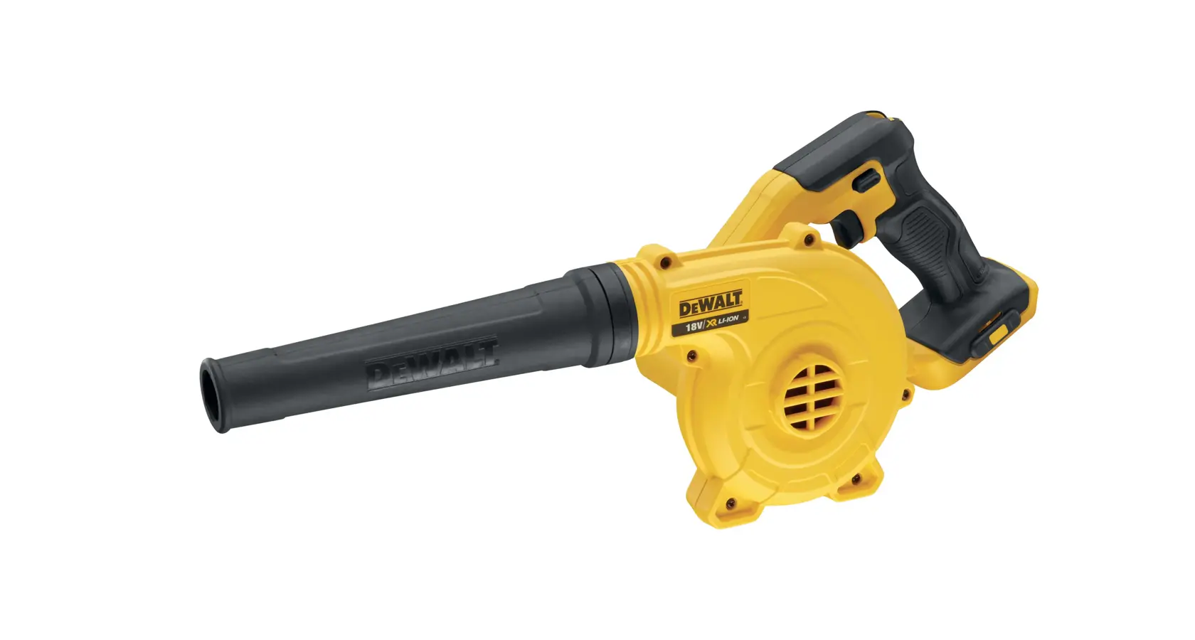 Un outil souffleur portatif DEWALT jaune et noir avec une buse allongée et une poignée ergonomique, présenté sur un fond blanc.