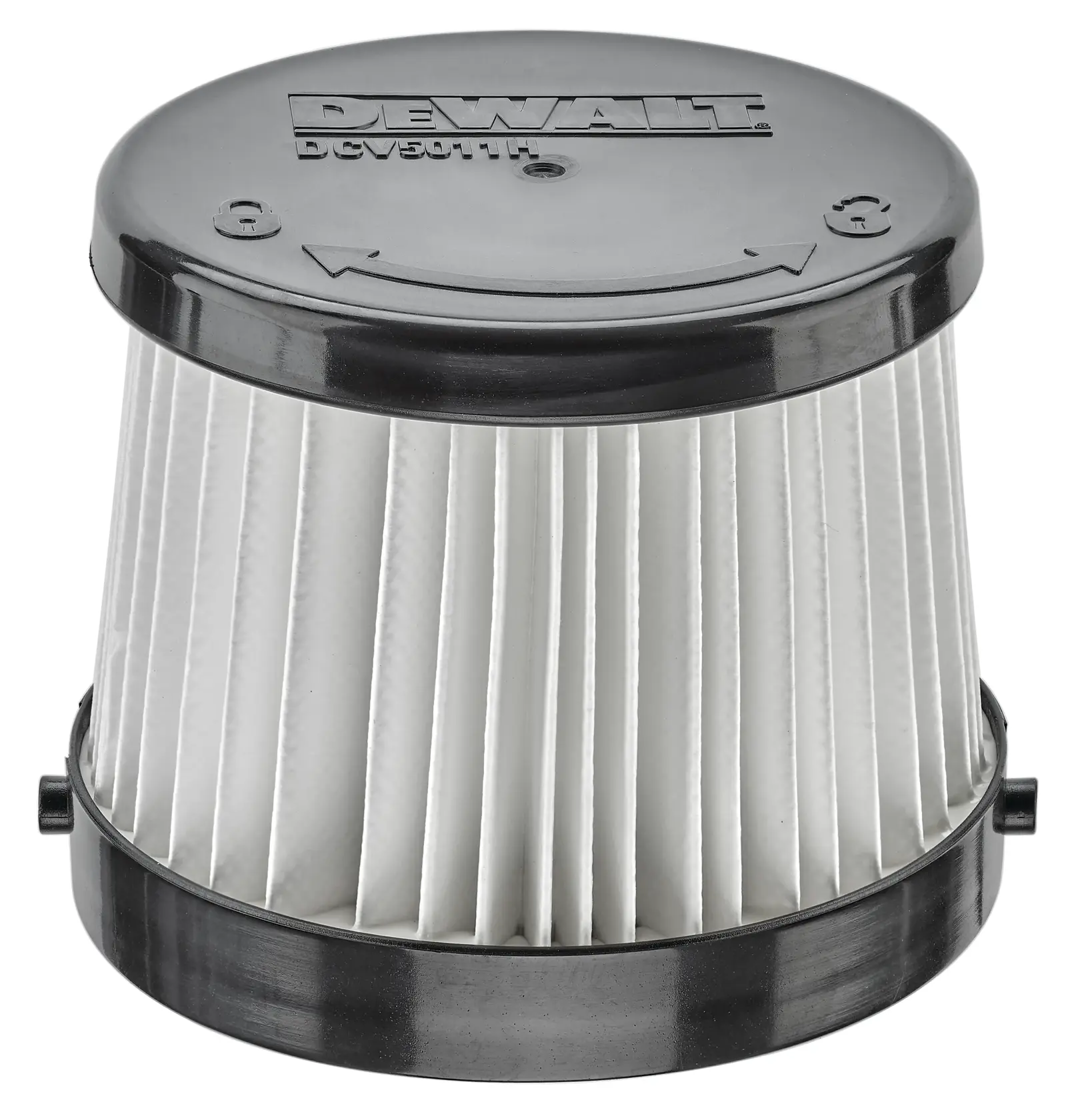 Un filtre d'aspirateur cylindrique plissé DEWALT DCV5011H avec un haut et un bas en plastique noir, conçu pour être utilisé dans les aspirateurs DEWALT.