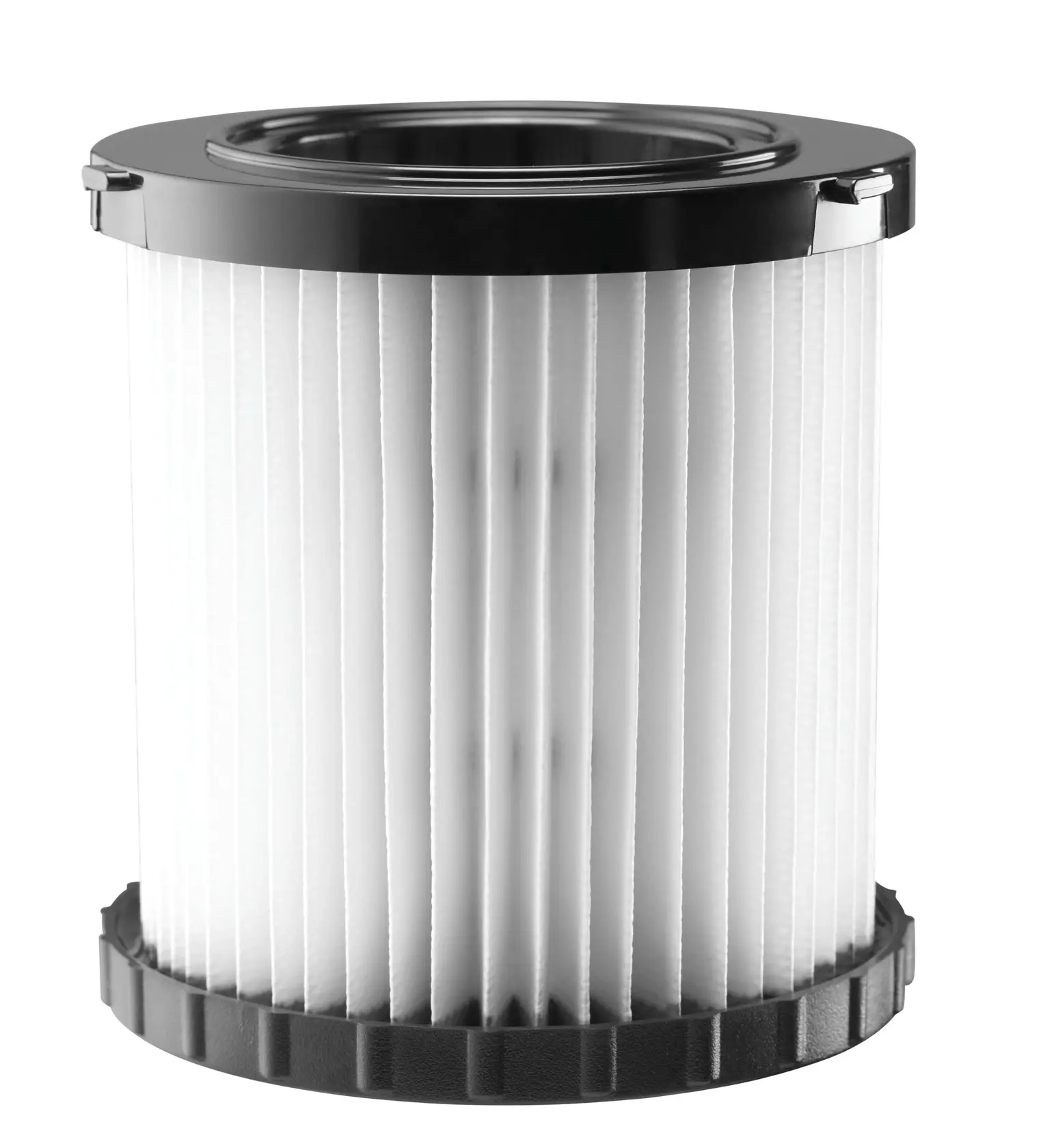 Un filtre cylindrique pour aspirateur avec un matériau plissé blanc et des extrémités en plastique noir, présenté sur un fond blanc.