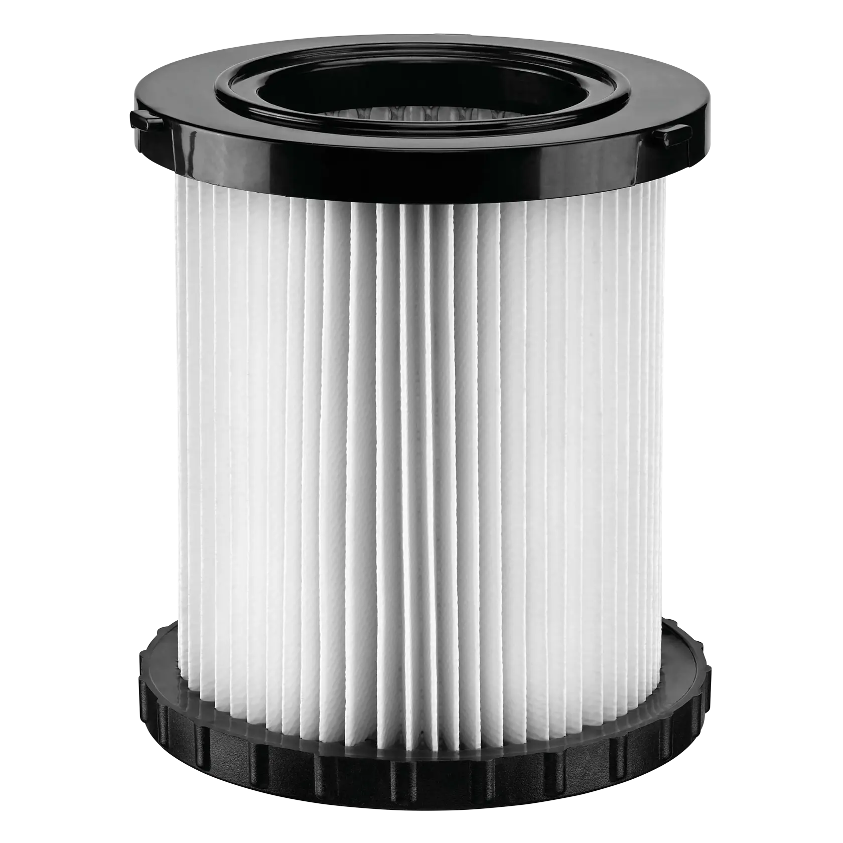 Filtre d'aspirateur cylindrique plissé avec des extrémités en plastique noir, conçu pour les aspirateurs eau et poussière DEWALT.