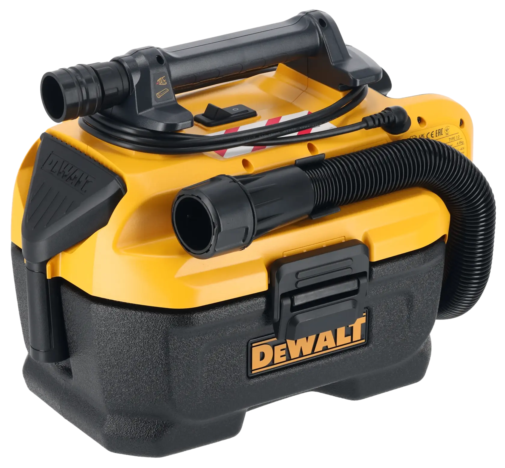 Un aspirateur portable DEWALT pour liquides et solides avec un design jaune et noir, doté d’un tuyau flexible et d’une poignée robuste.