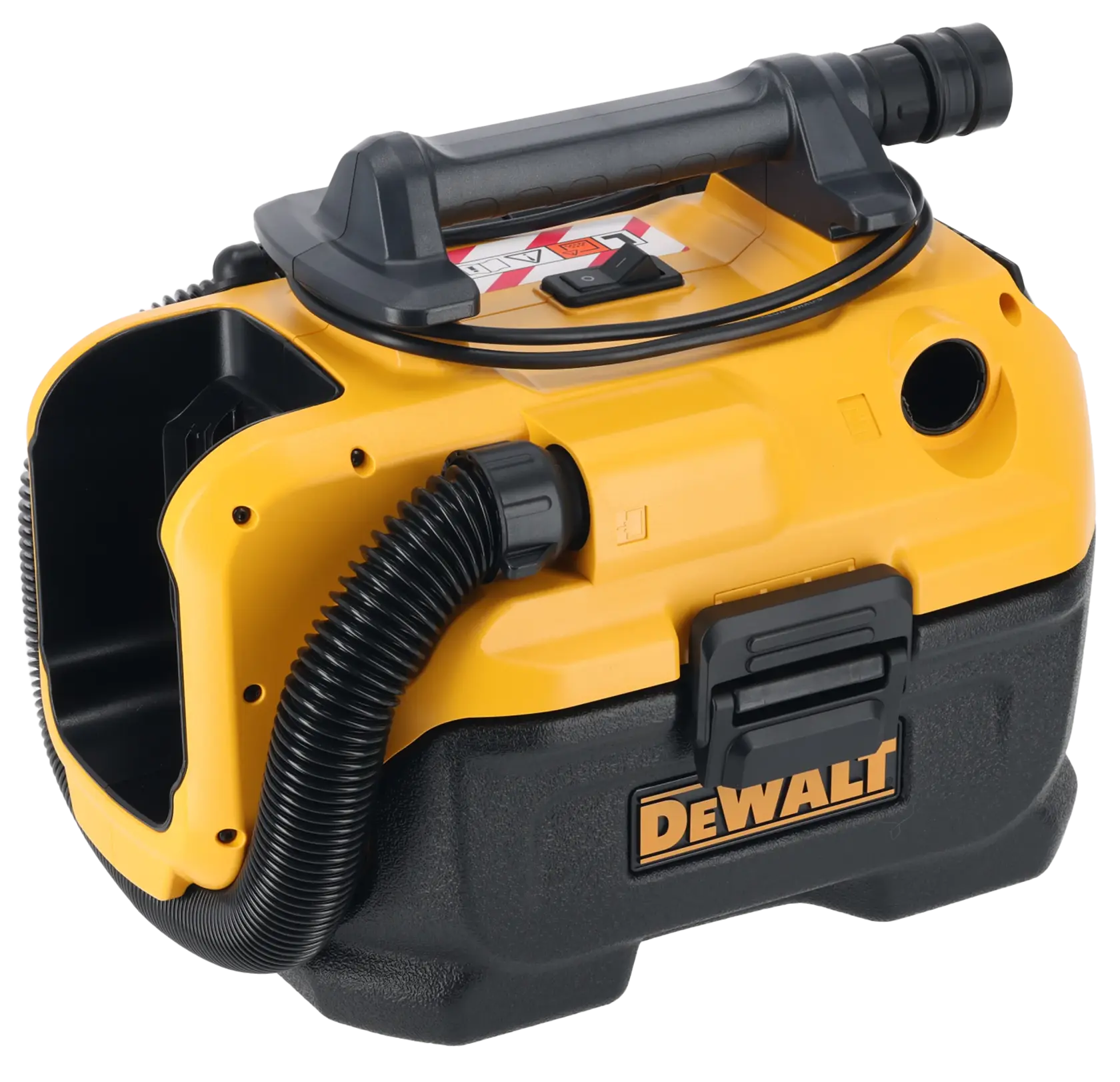 Un aspirateur portable DEWALT, modèle DCV584L, avec un corps jaune et noir, une poignée, un tuyau d'aspiration et un compartiment facilement accessible. Conçu pour un nettoyage intensif en milieu professionnel ou atelier.
